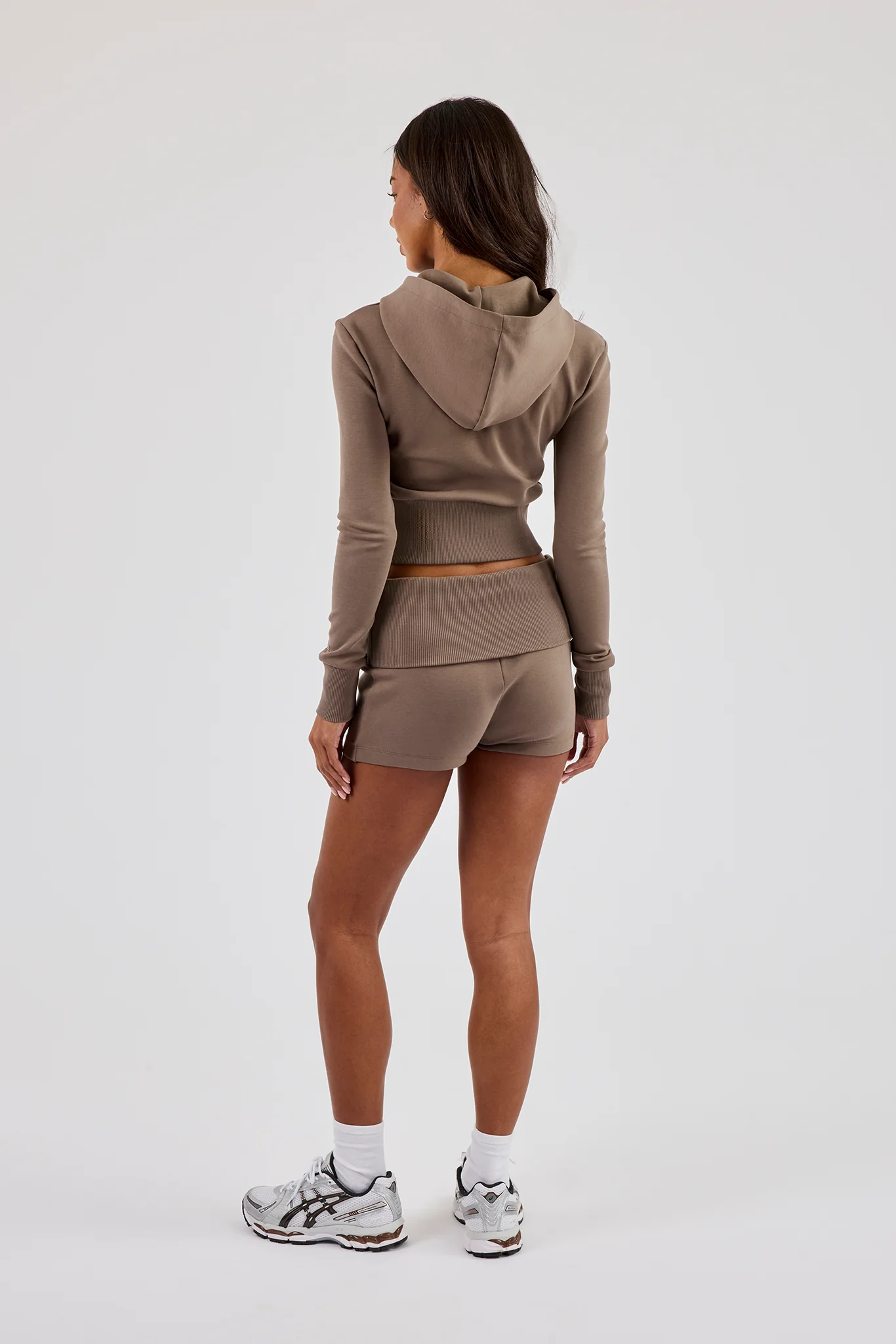Soft Touch Rib Contrast Fitted Zip Through & Folder Over Waist Short  - Taupe - Image 3