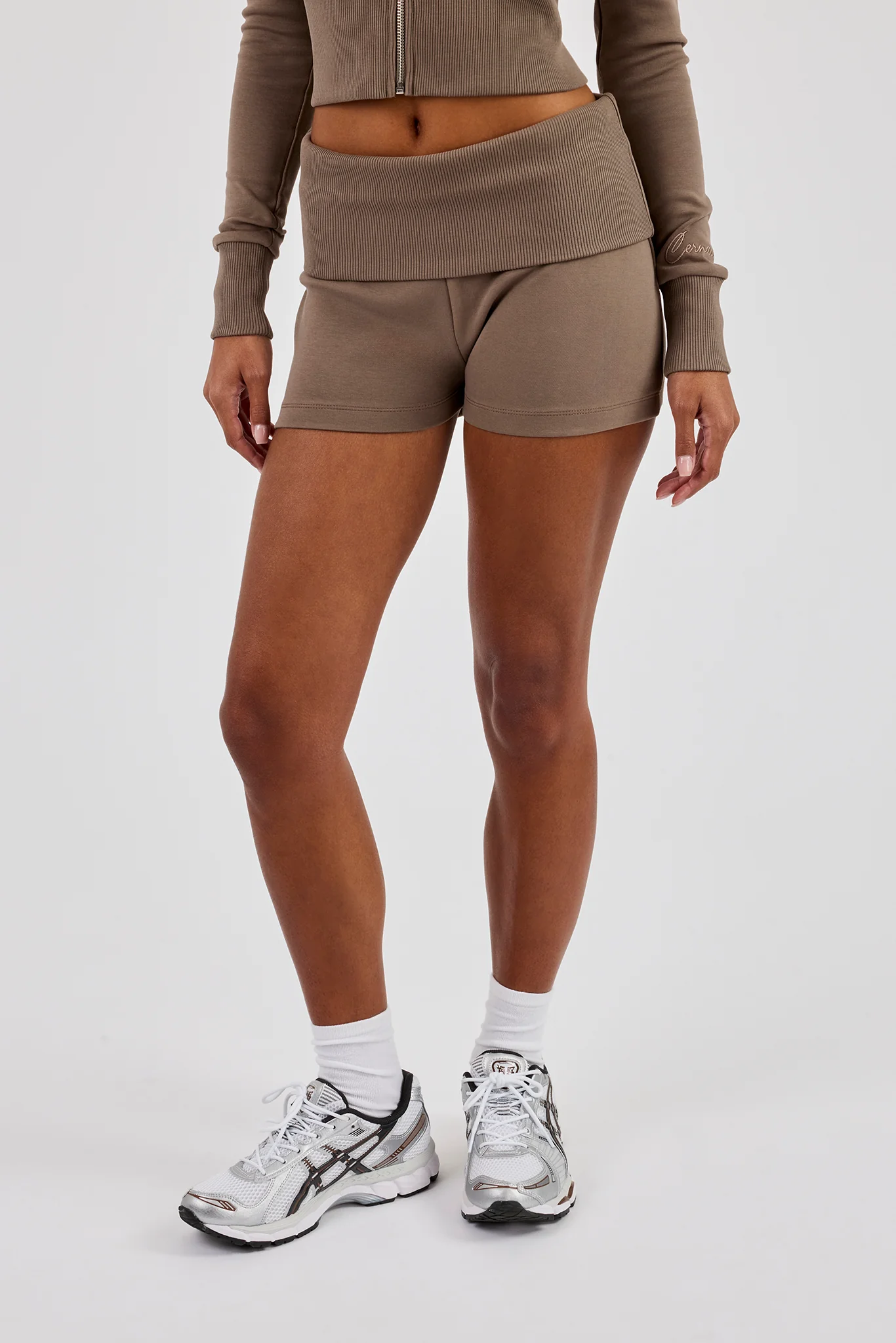 Soft Touch Rib Fold Over Waist Short - Taupe - Image 3