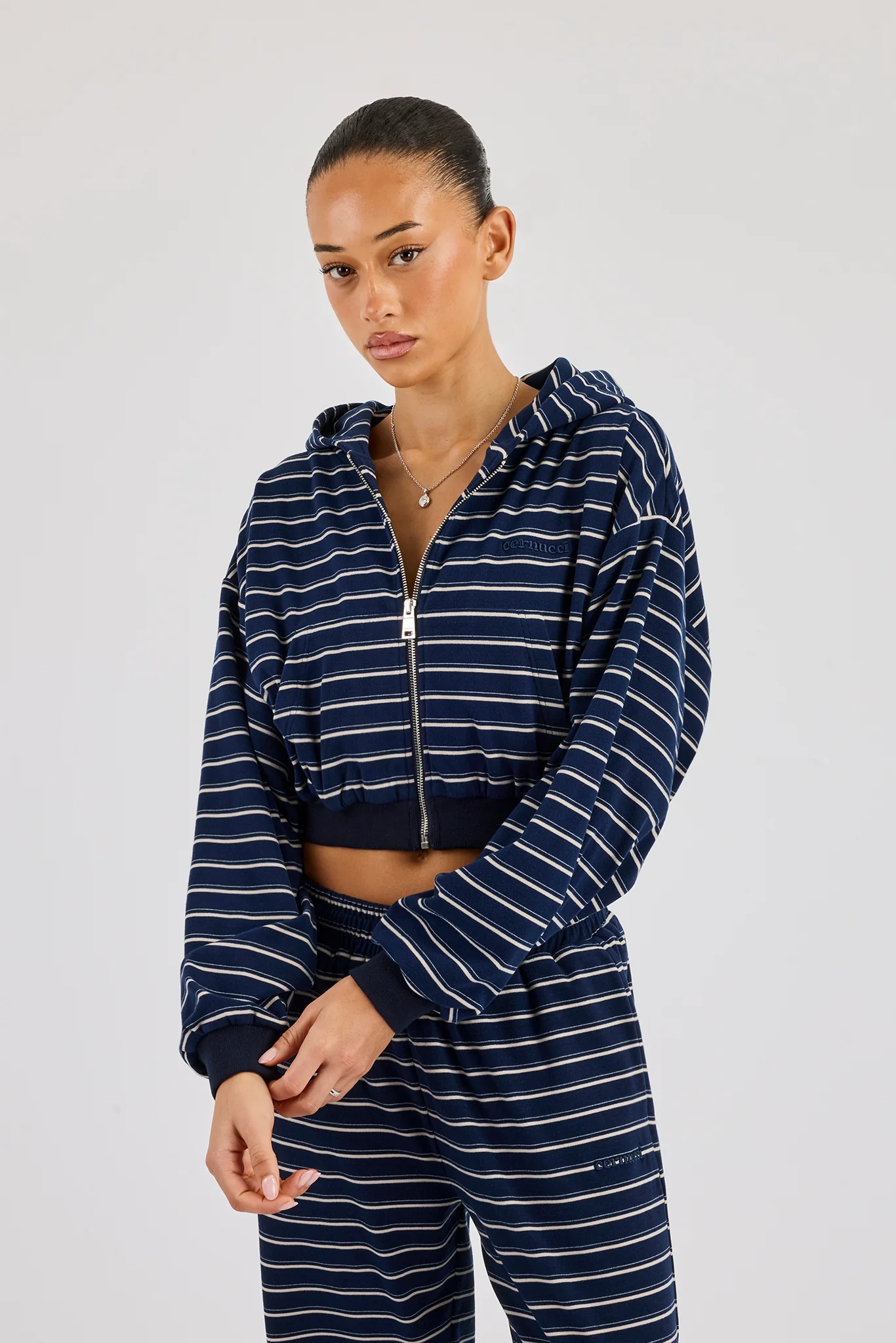 Soft Touch Stripe Zip Through Hoodie - Navy - Image 2