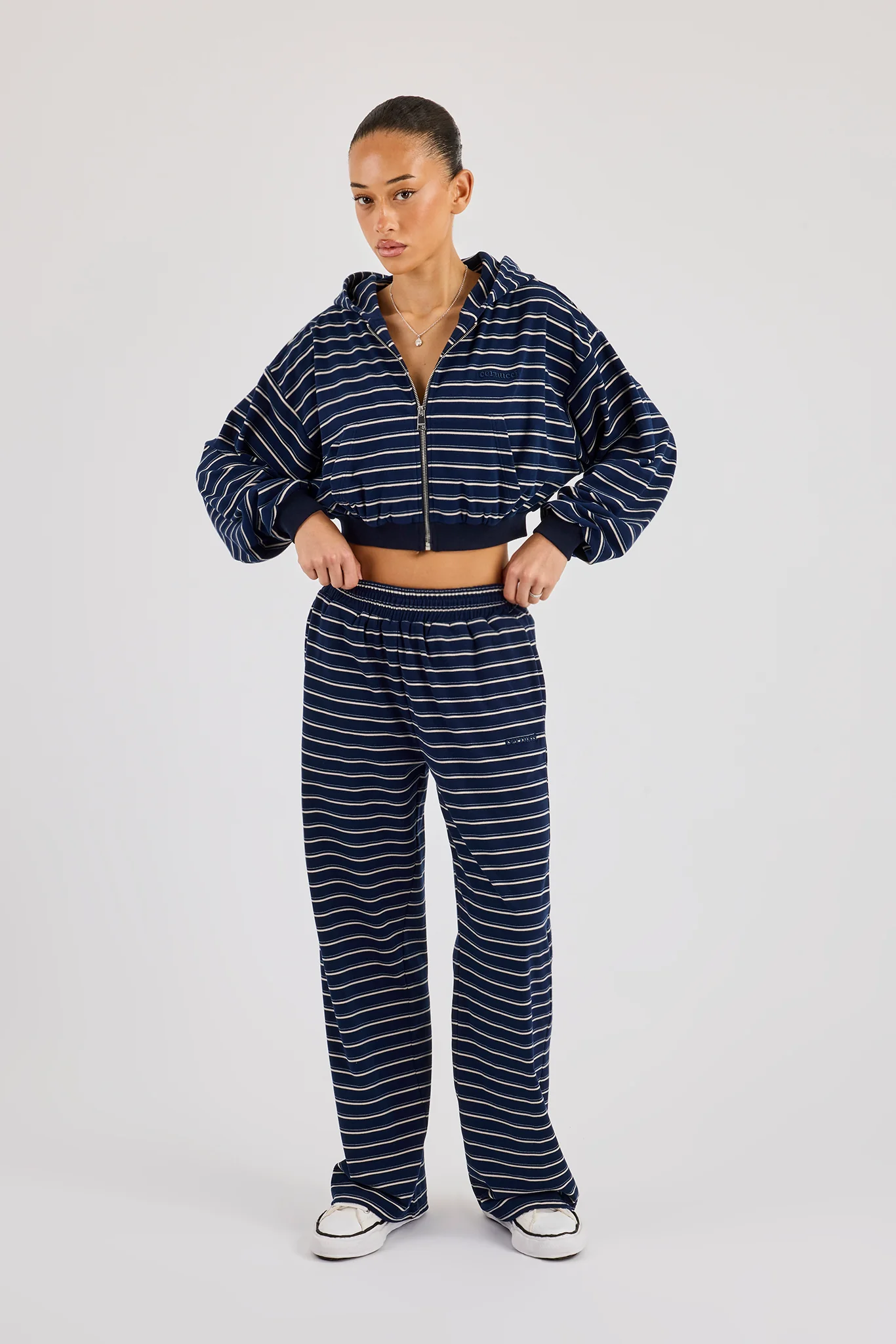 Soft Touch Stripe Zip Through Hoodie & Wide Leg Jogger - Navy - Image 2