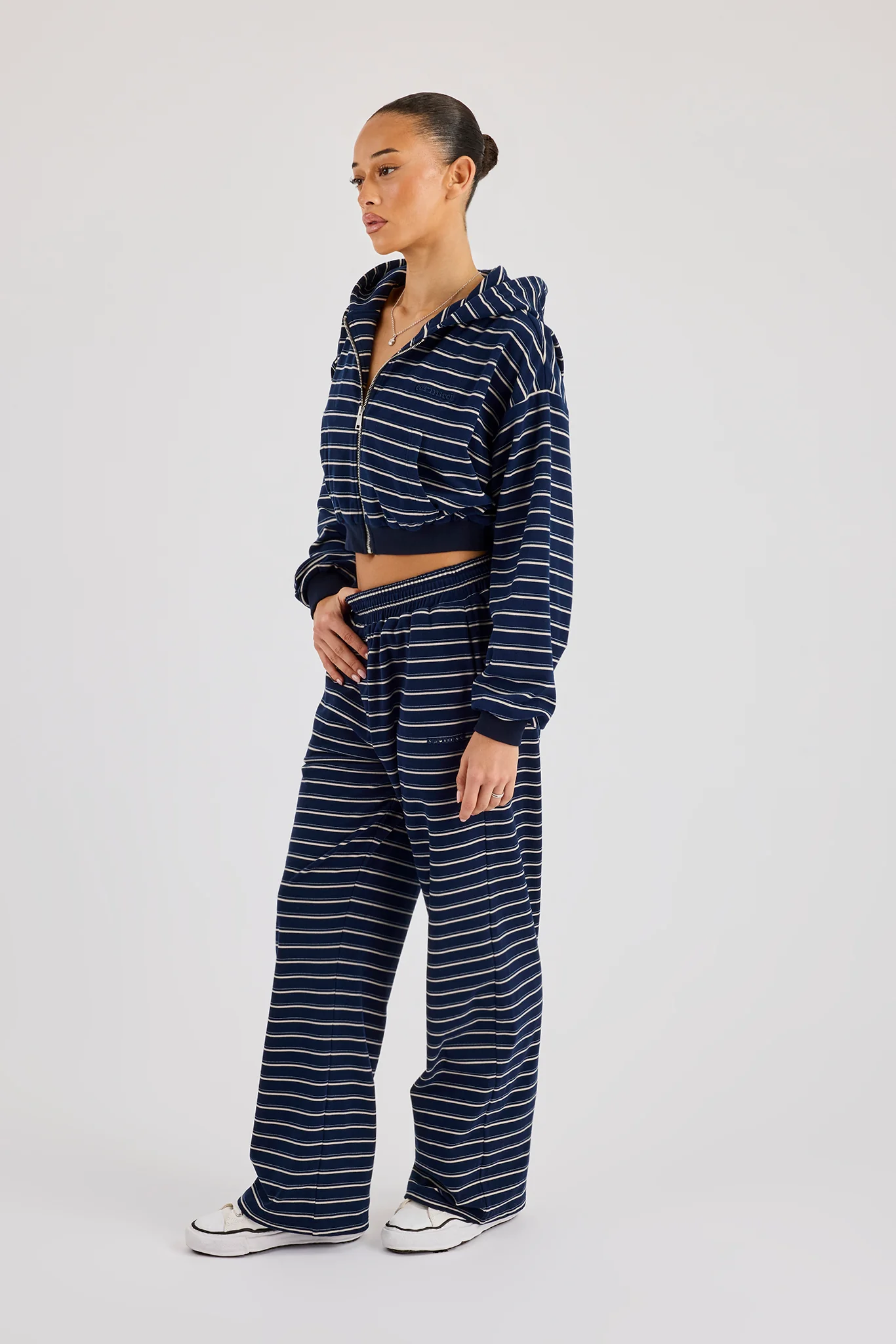 Soft Touch Stripe Zip Through Hoodie & Wide Leg Jogger - Navy - Image 3