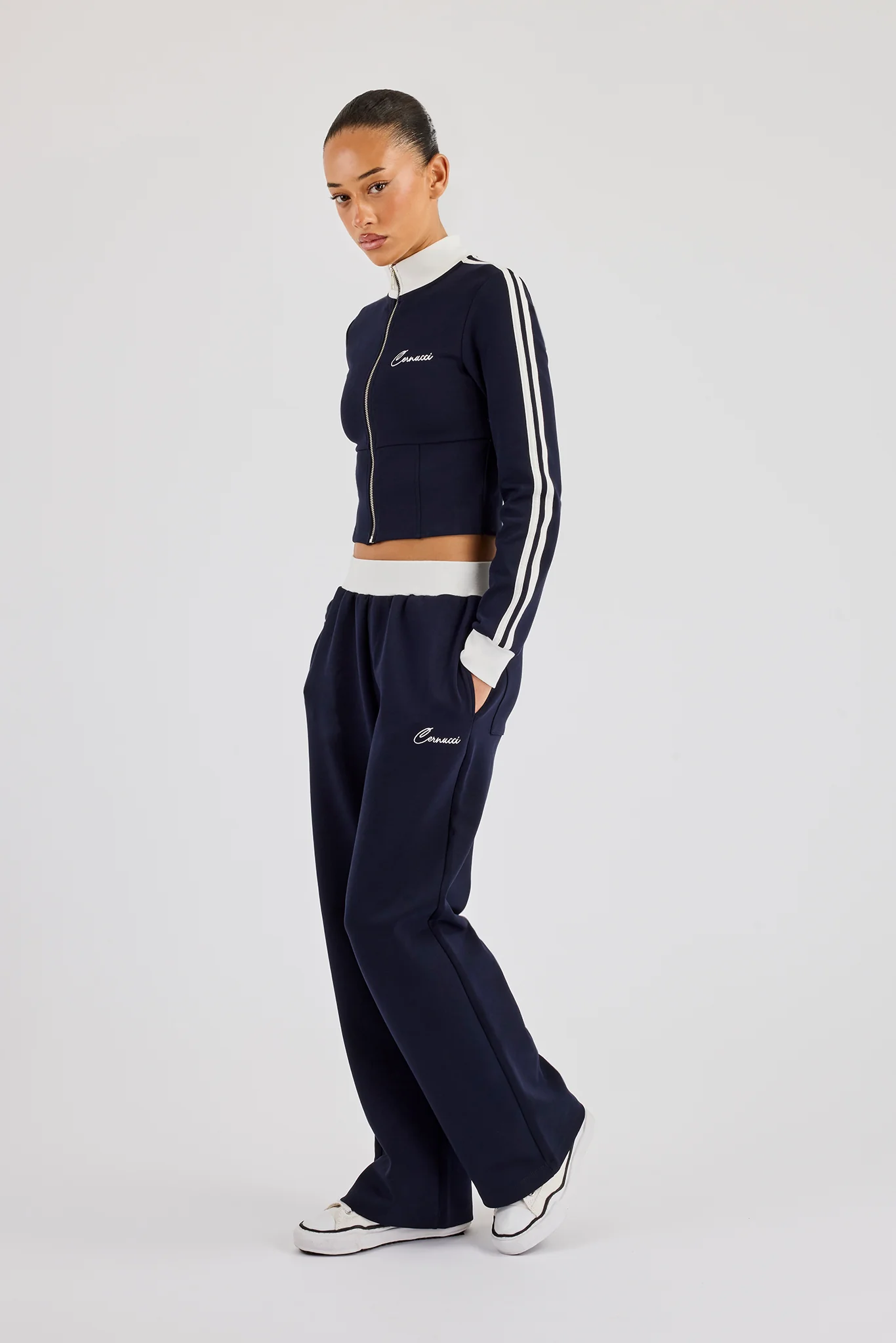 Soft Touch Stripe Zip Through Track Jacket & Wide Leg Jogger - Navy Blue - Image 2
