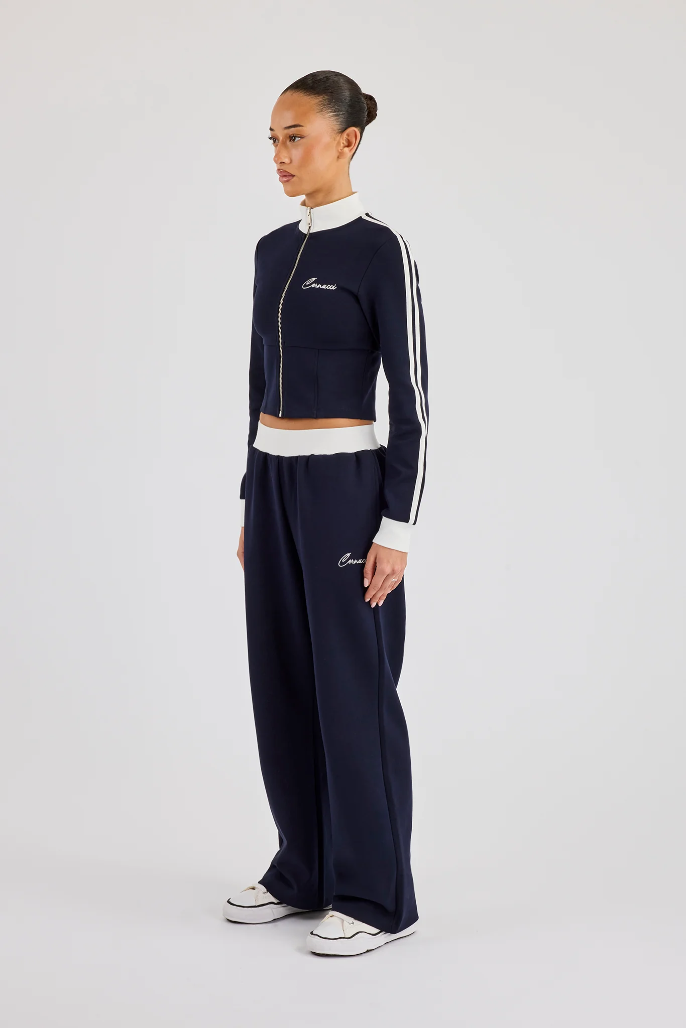 Soft Touch Stripe Zip Through Track Jacket & Wide Leg Jogger - Navy Blue - Image 3