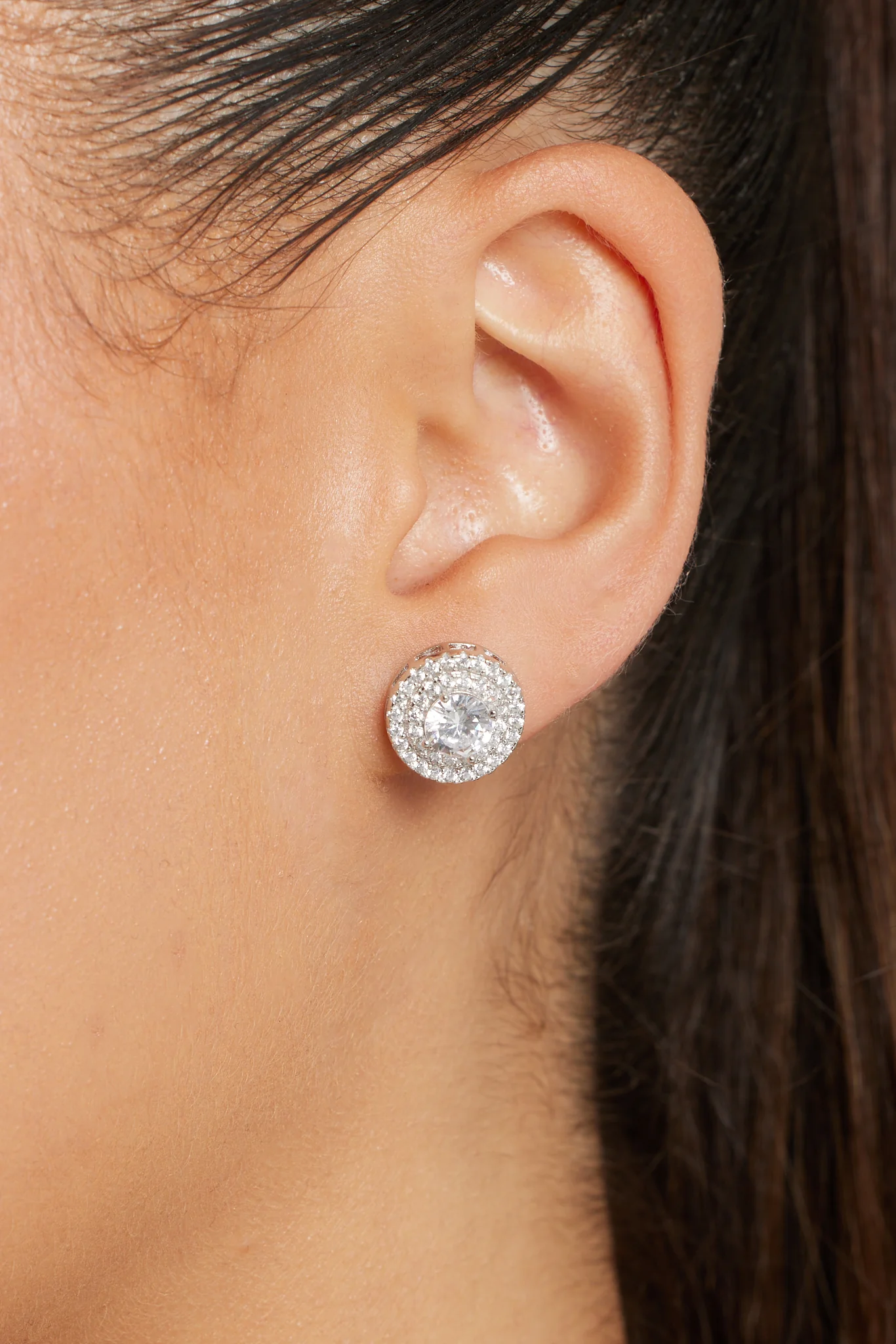 Sterling Silver Iced Round CZ Pave Stud Earrings - 12mm - Image 2