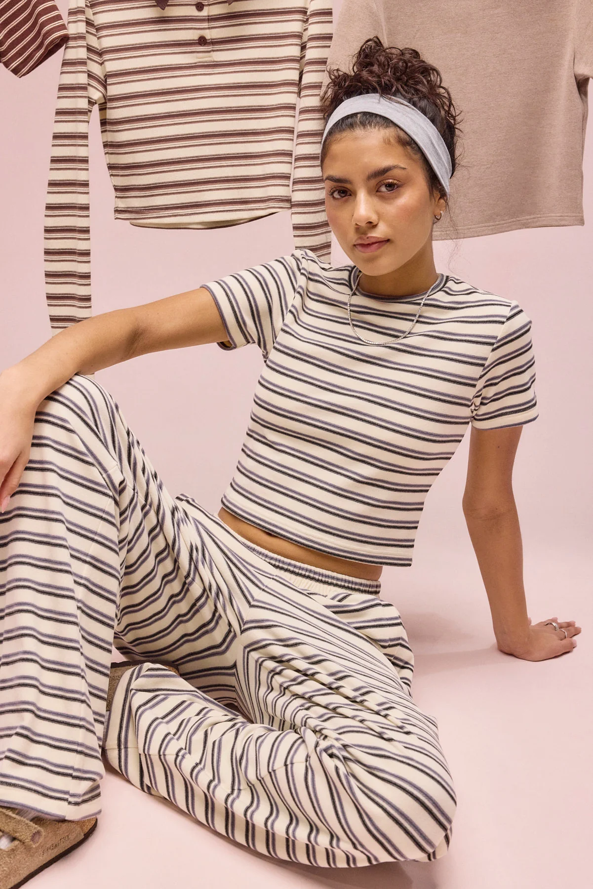 Stripe Soft Touch Button Detail Wide Leg Jogger -  Blue - Image 2