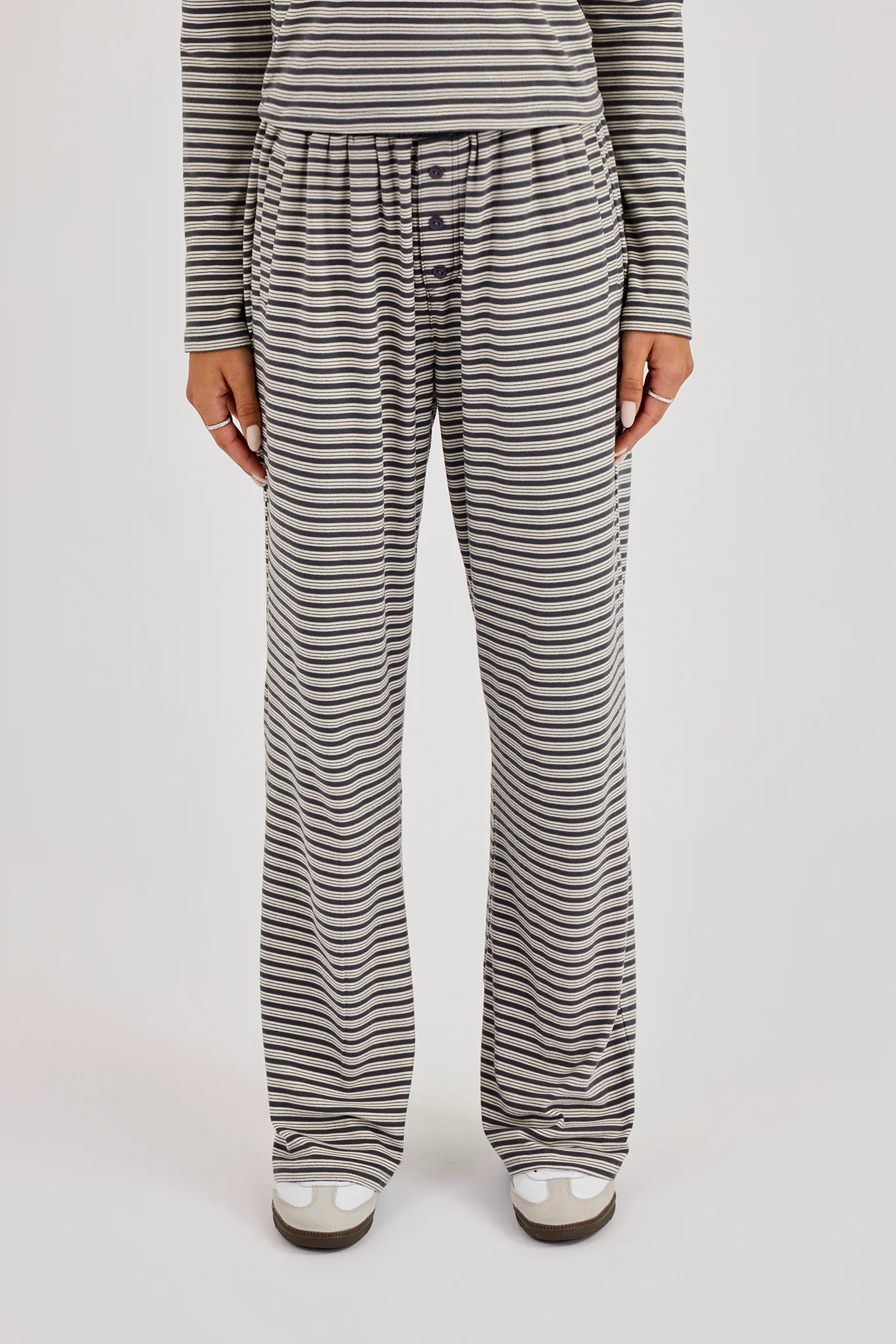Stripe Soft Touch Button Detail Wide Leg Jogger - Grey - Image 3