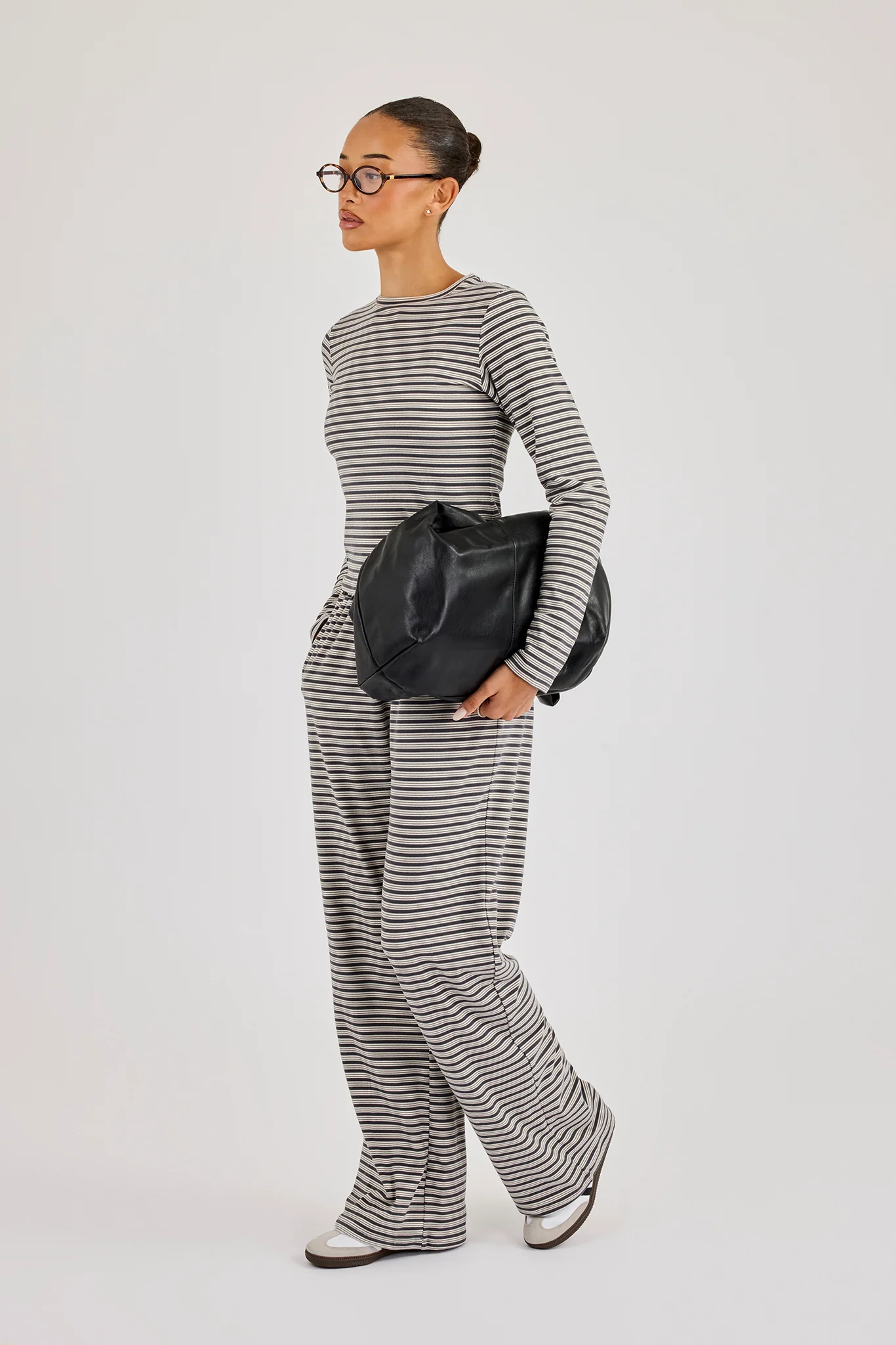 Stripe Soft Touch Long Sleeve Top & Button Detail Wide Leg Jogger - Grey - Image 2