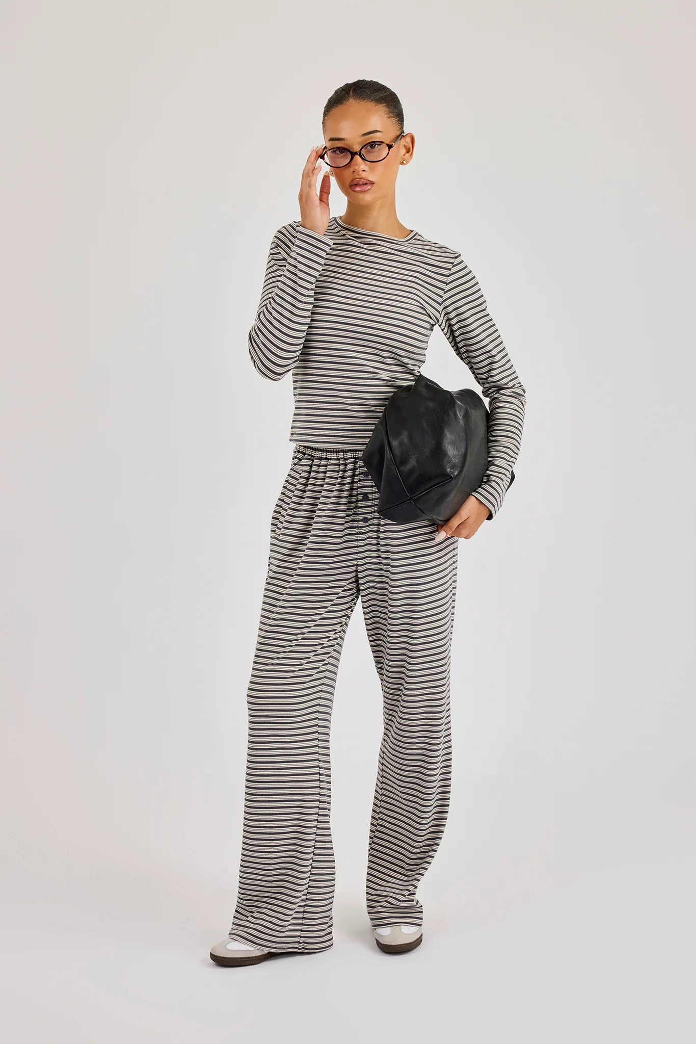 Stripe Soft Touch Long Sleeve Top & Button Detail Wide Leg Jogger - Grey - Image 3
