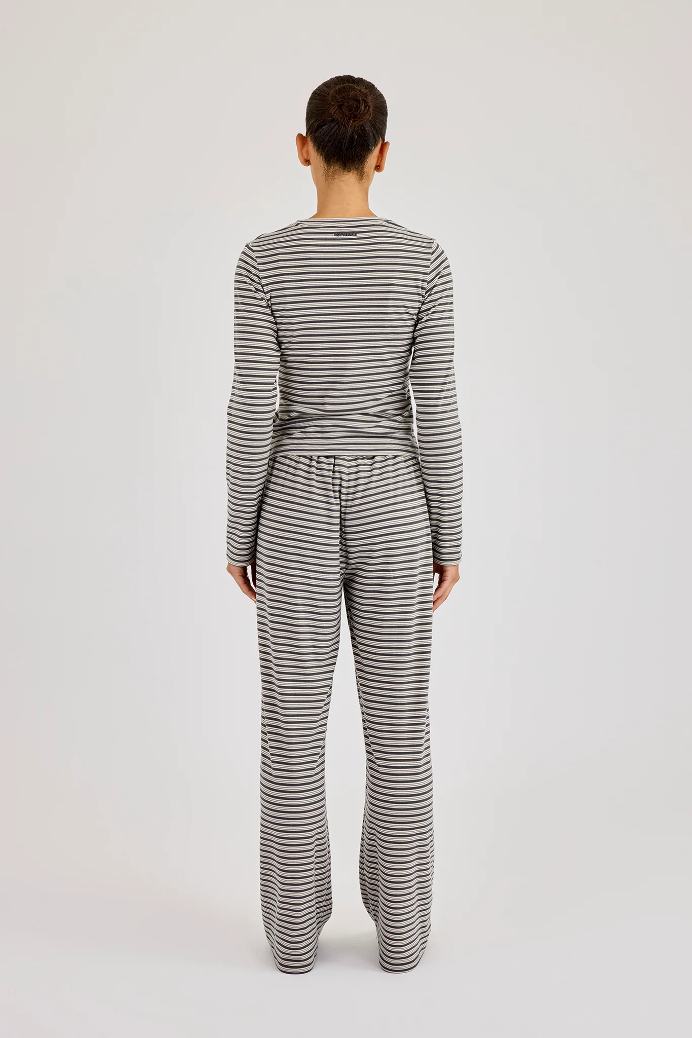 Stripe Soft Touch Long Sleeve Top & Button Detail Wide Leg Jogger - Grey - Image 4