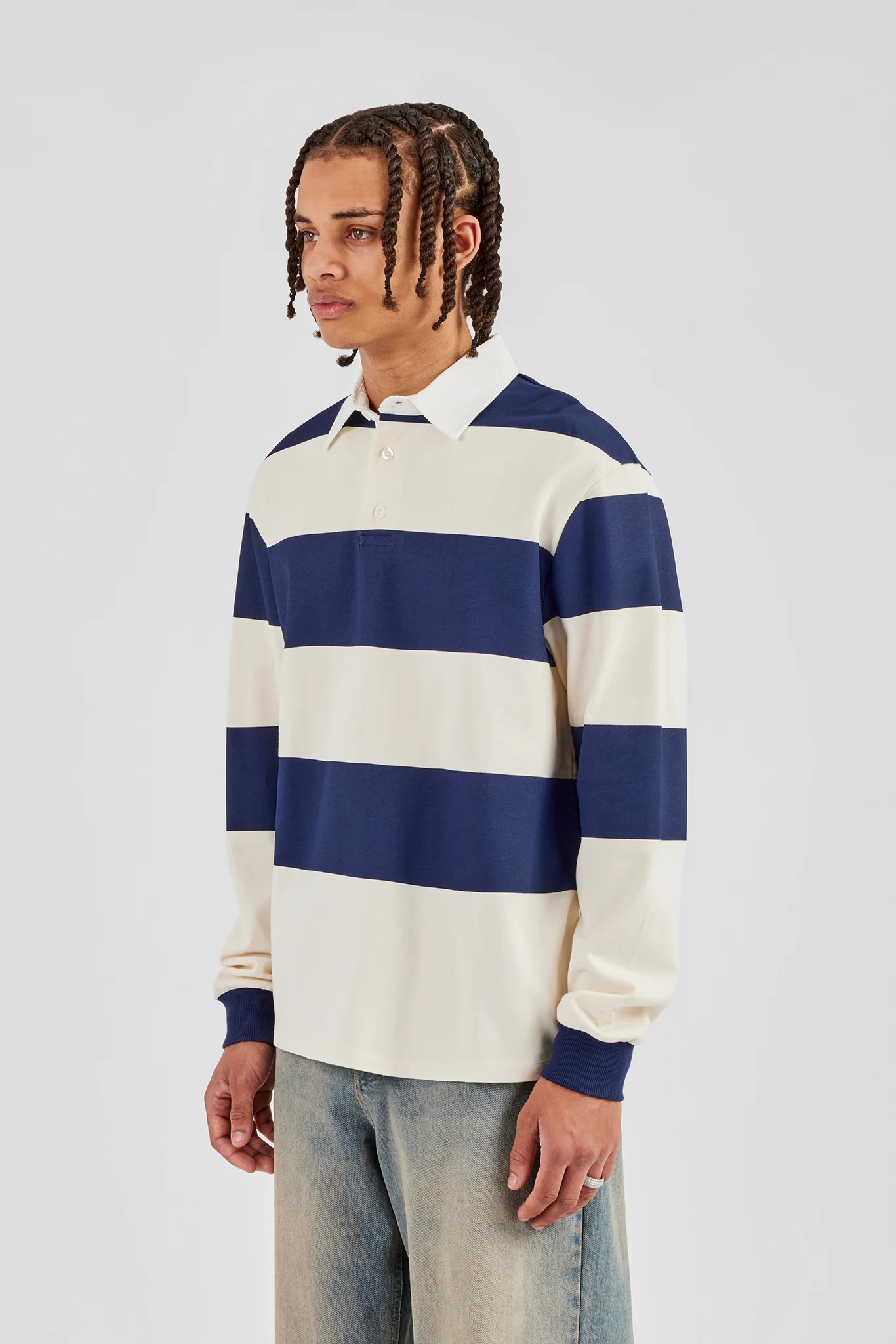 Striped Rugby Polo Top - Navy Blue - Image 2