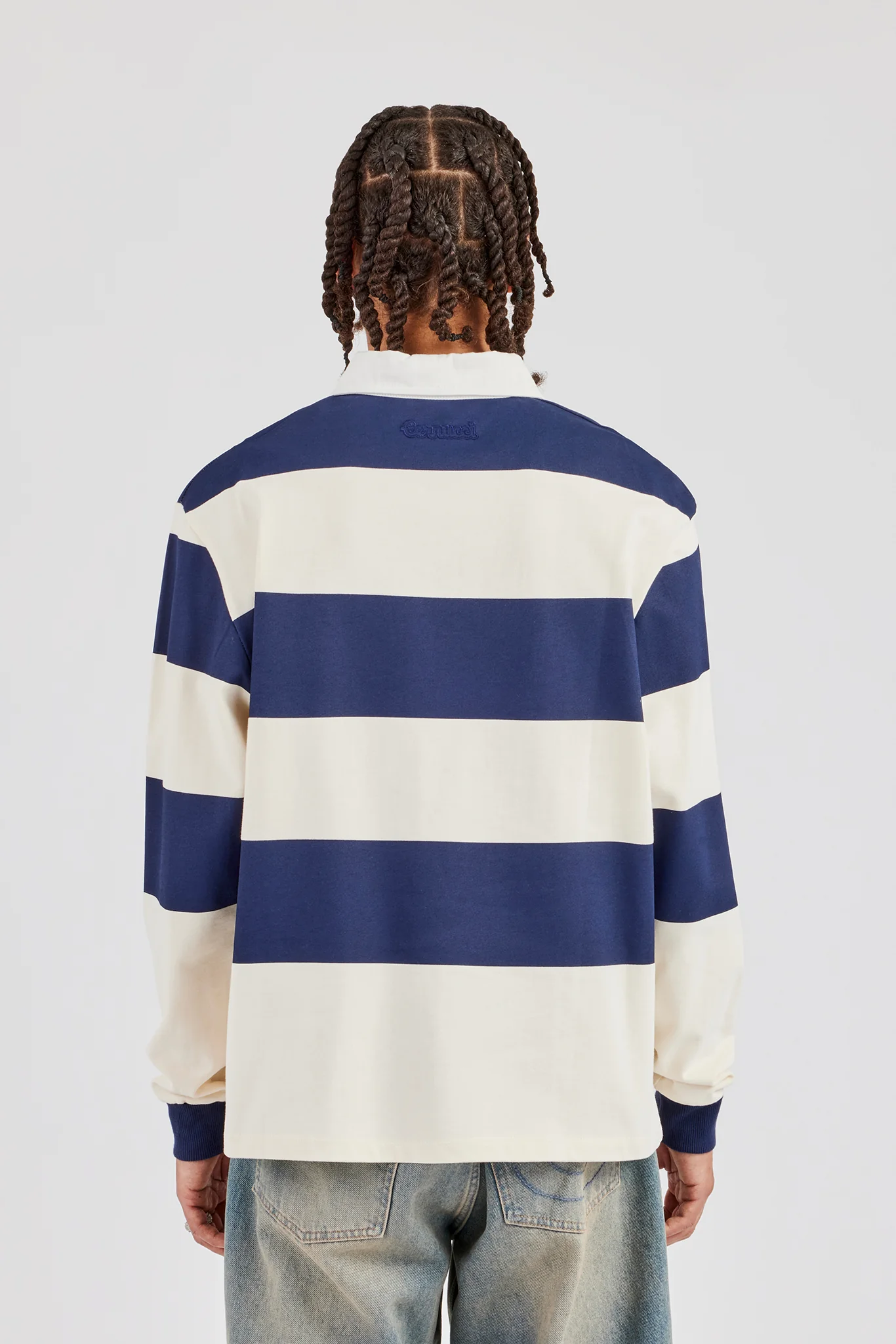 Striped Rugby Polo Top - Navy Blue - Image 3