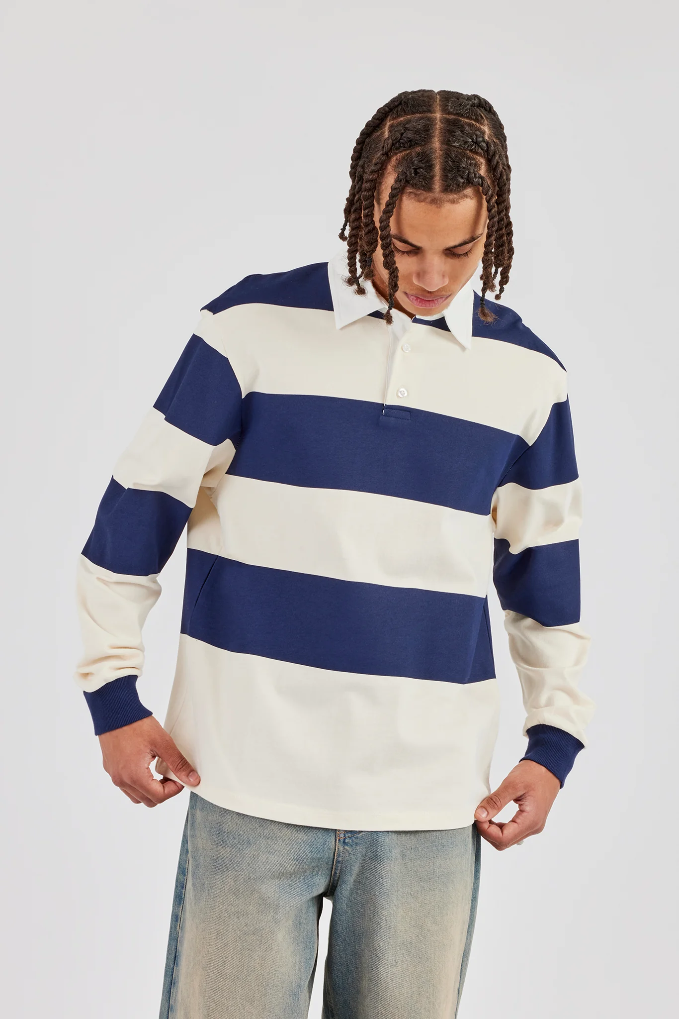 Striped Rugby Polo Top - Navy Blue - Image 5