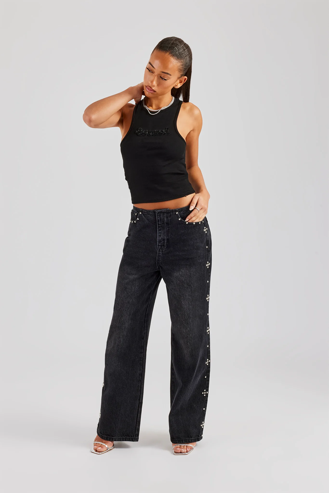 Stud Detail Baggy Jean - Washed Black - Image 3