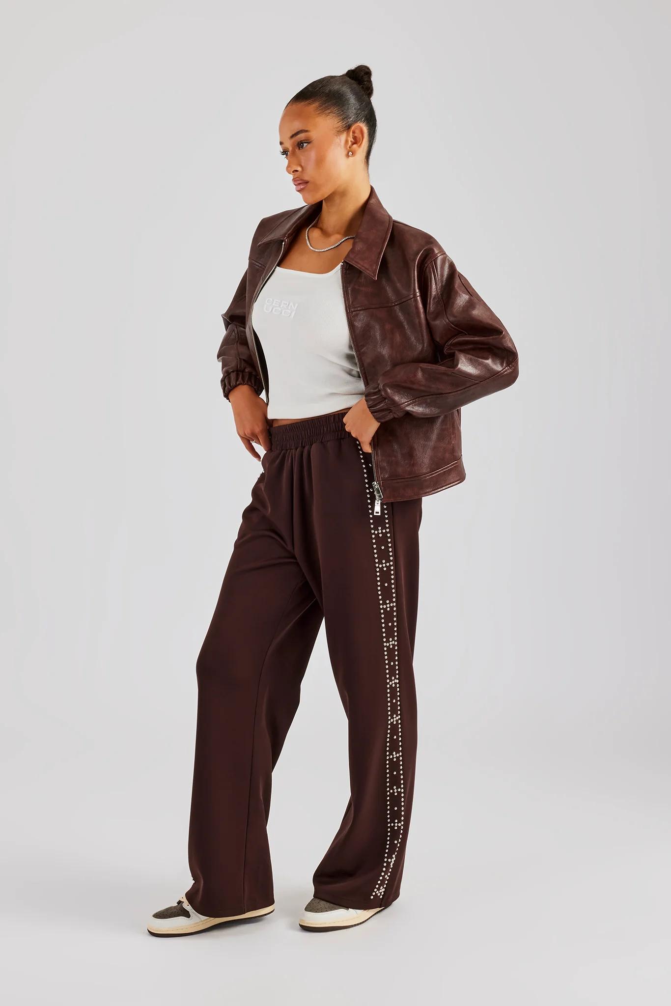Stud Wide Leg Jogger - Chocolate - Image 2