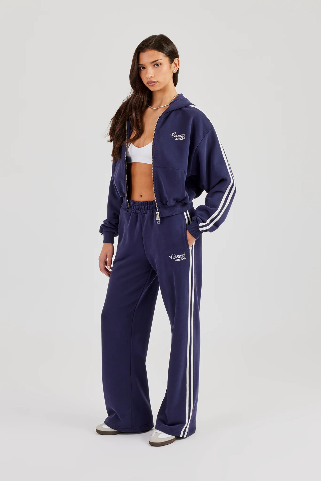 Studios Taping Boxy Zip Through Hoodie & Wide Leg Jogger - Navy Blue - Image 2