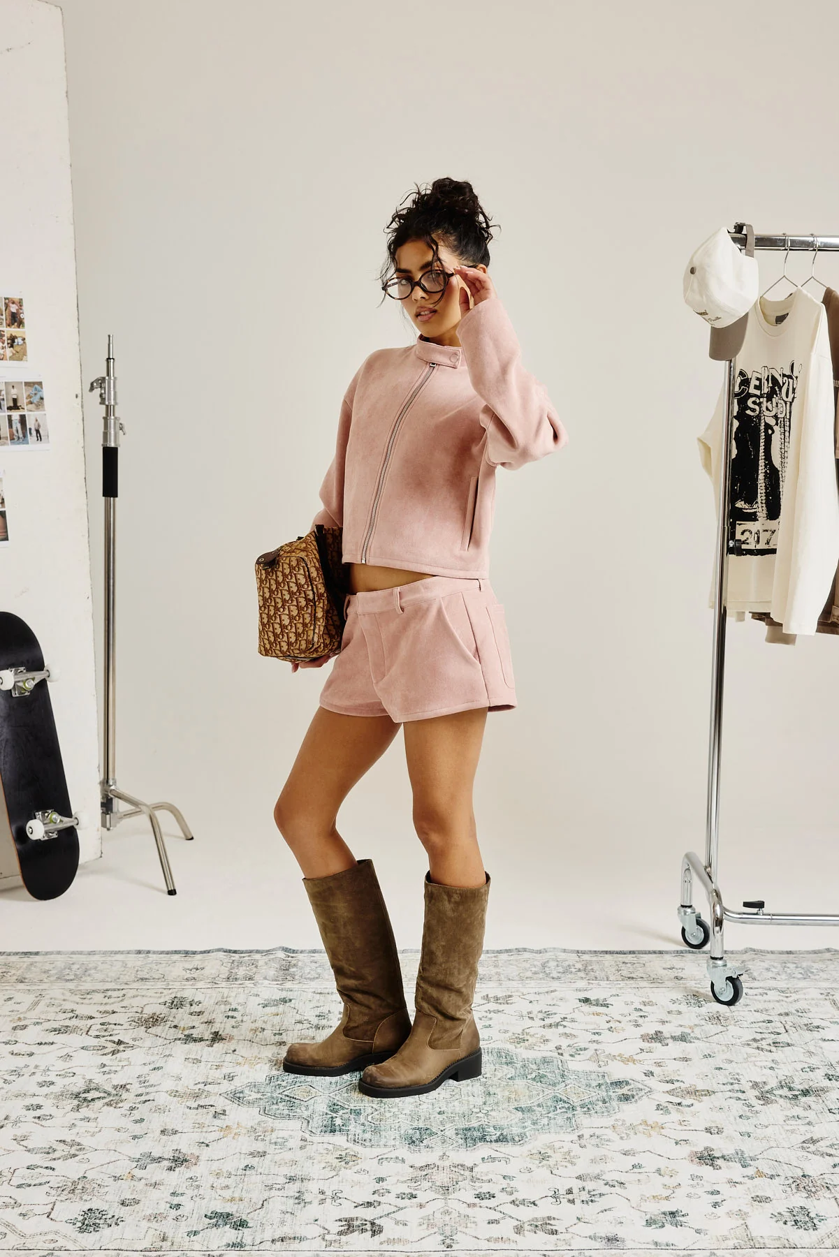 Suede Biker Jacket & Micro Short - Dusty Pink - Image 2