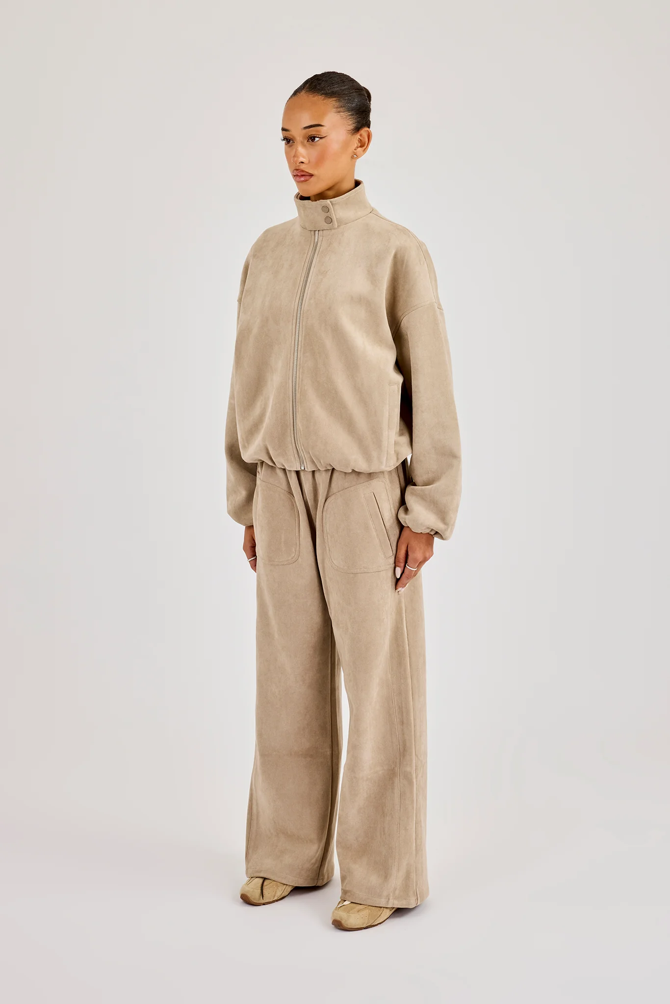 Suede Biker Jacket & Wide Leg Jogger - Beige - Image 3