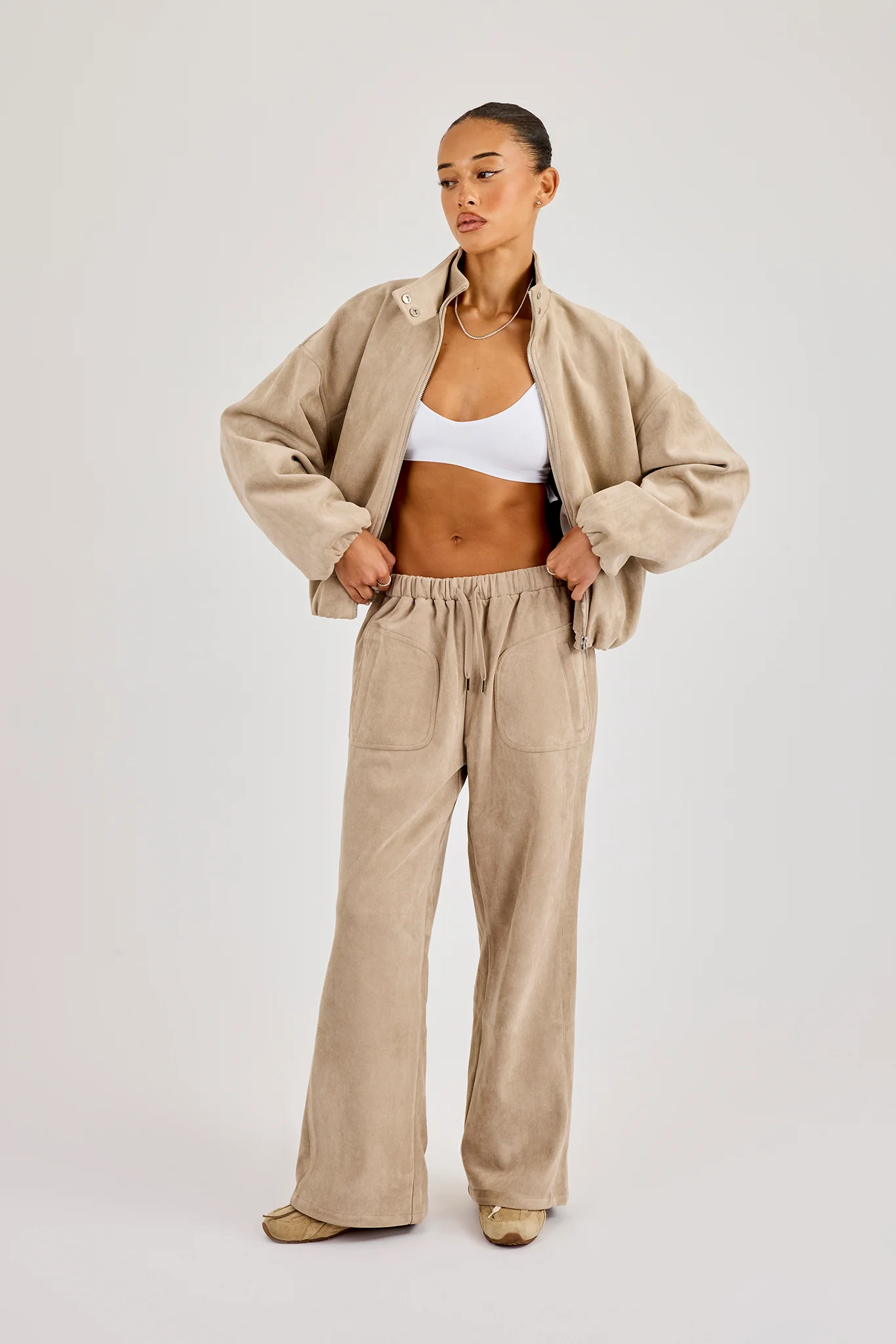 Suede Biker Jacket & Wide Leg Jogger - Beige - Image 4