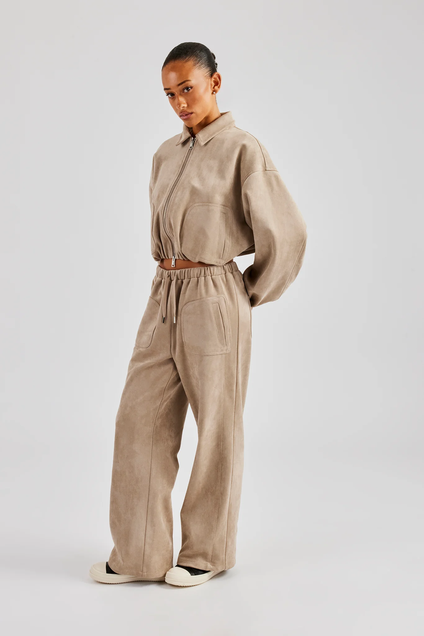 Suede Collared Bomber Jacket - Beige - Image 3