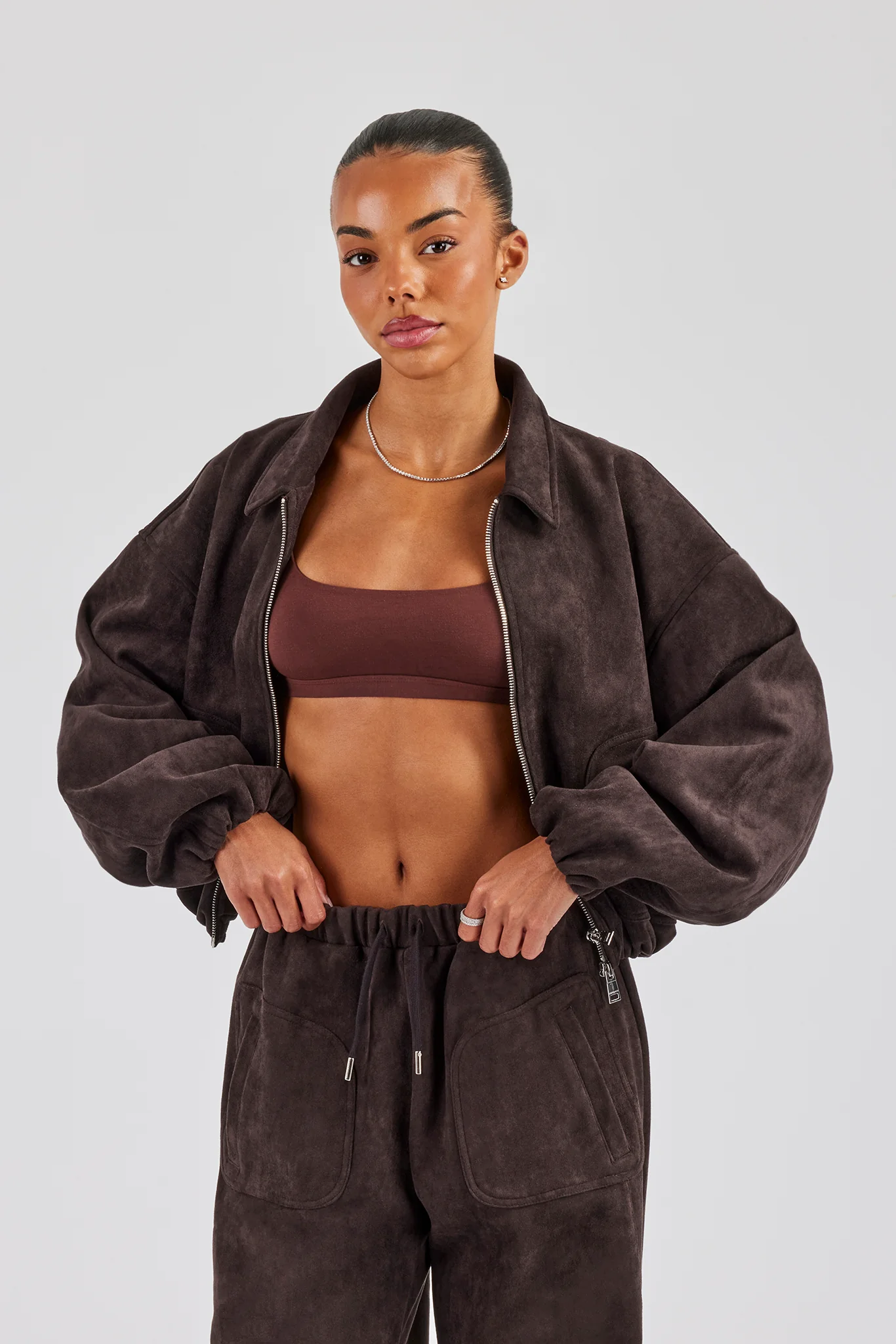 Suede Collared Bomber Jacket - Chocolate - Image 2