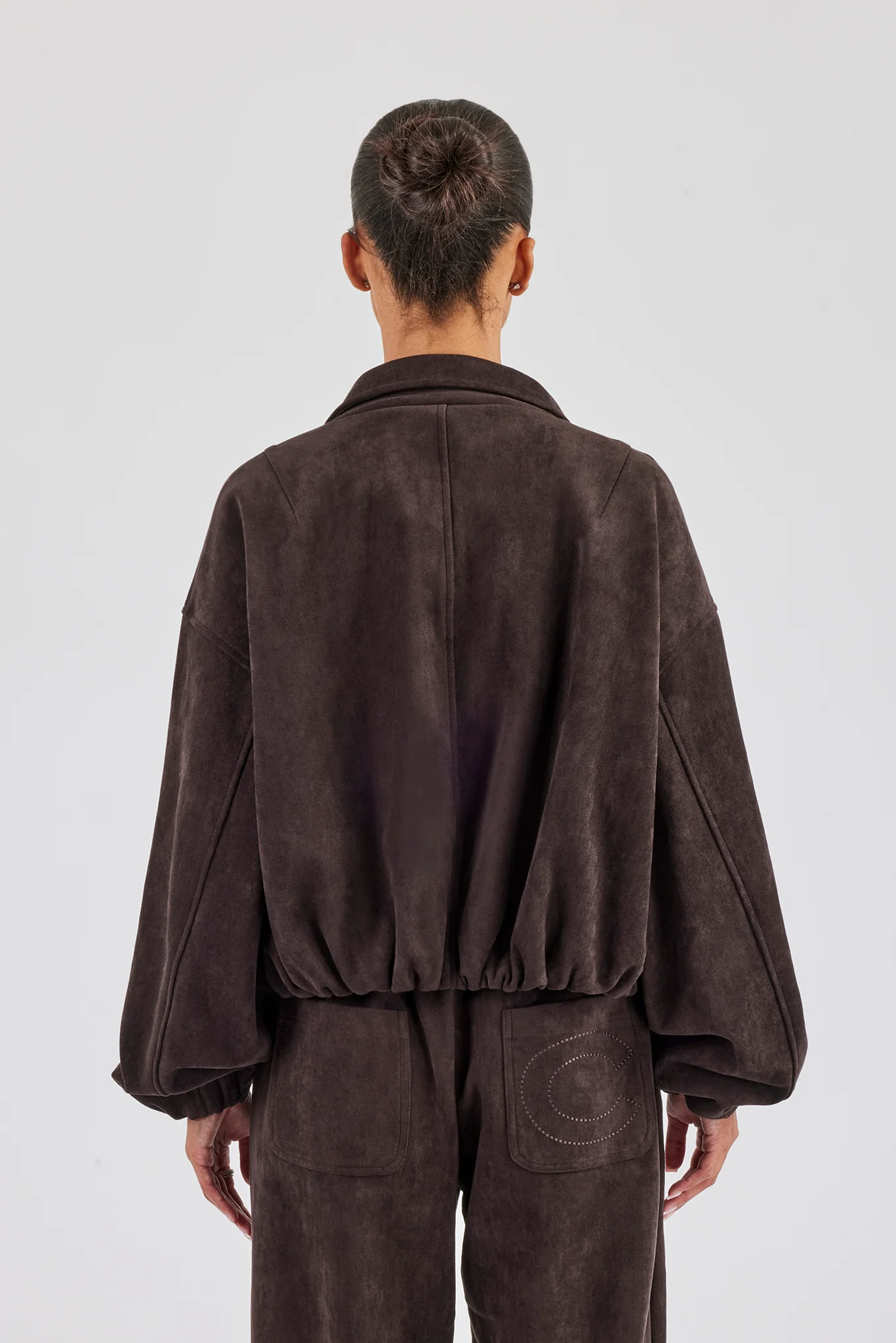 Suede Collared Bomber Jacket - Chocolate - Image 3