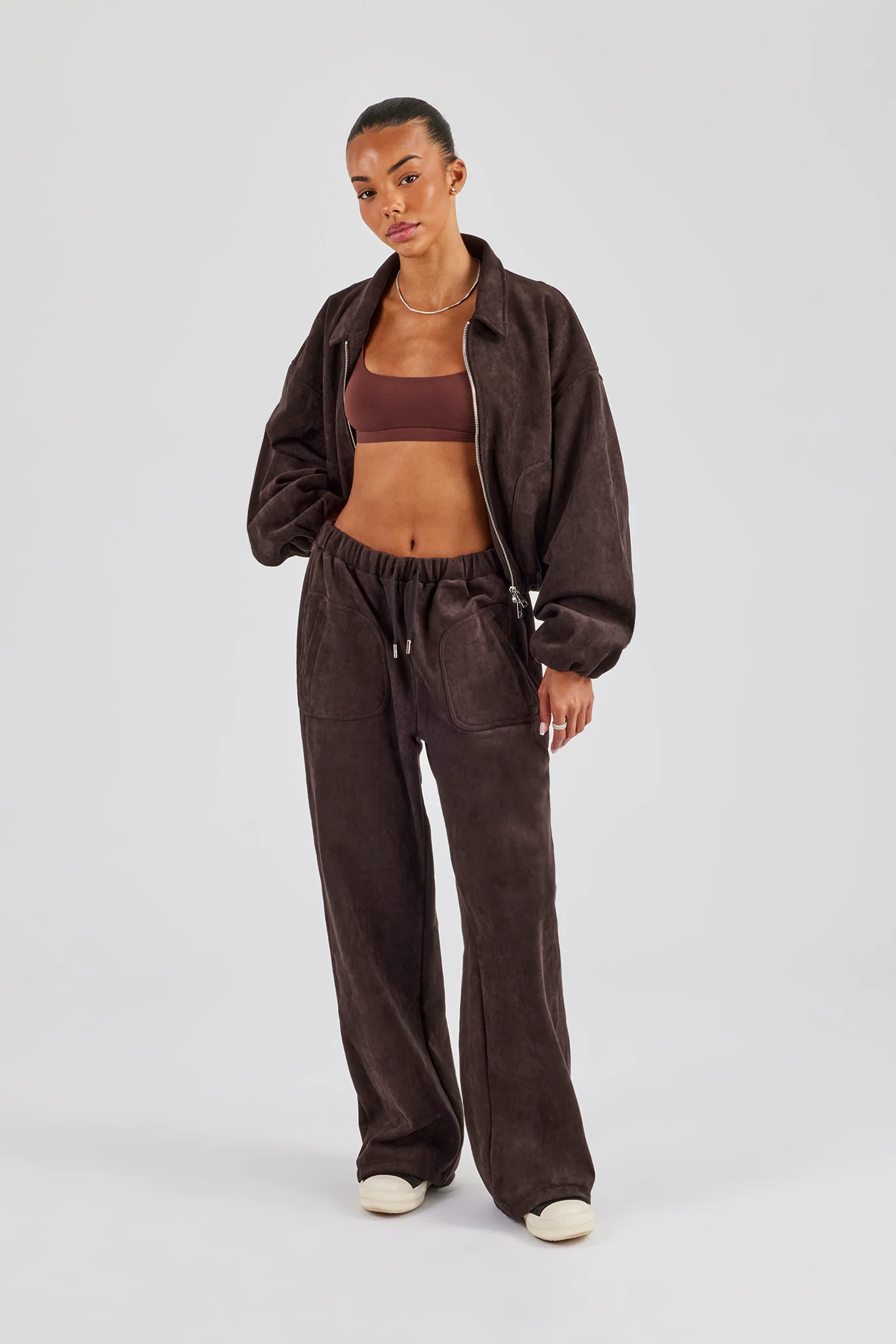 Suede Collared Bomber Jacket - Chocolate - Image 4