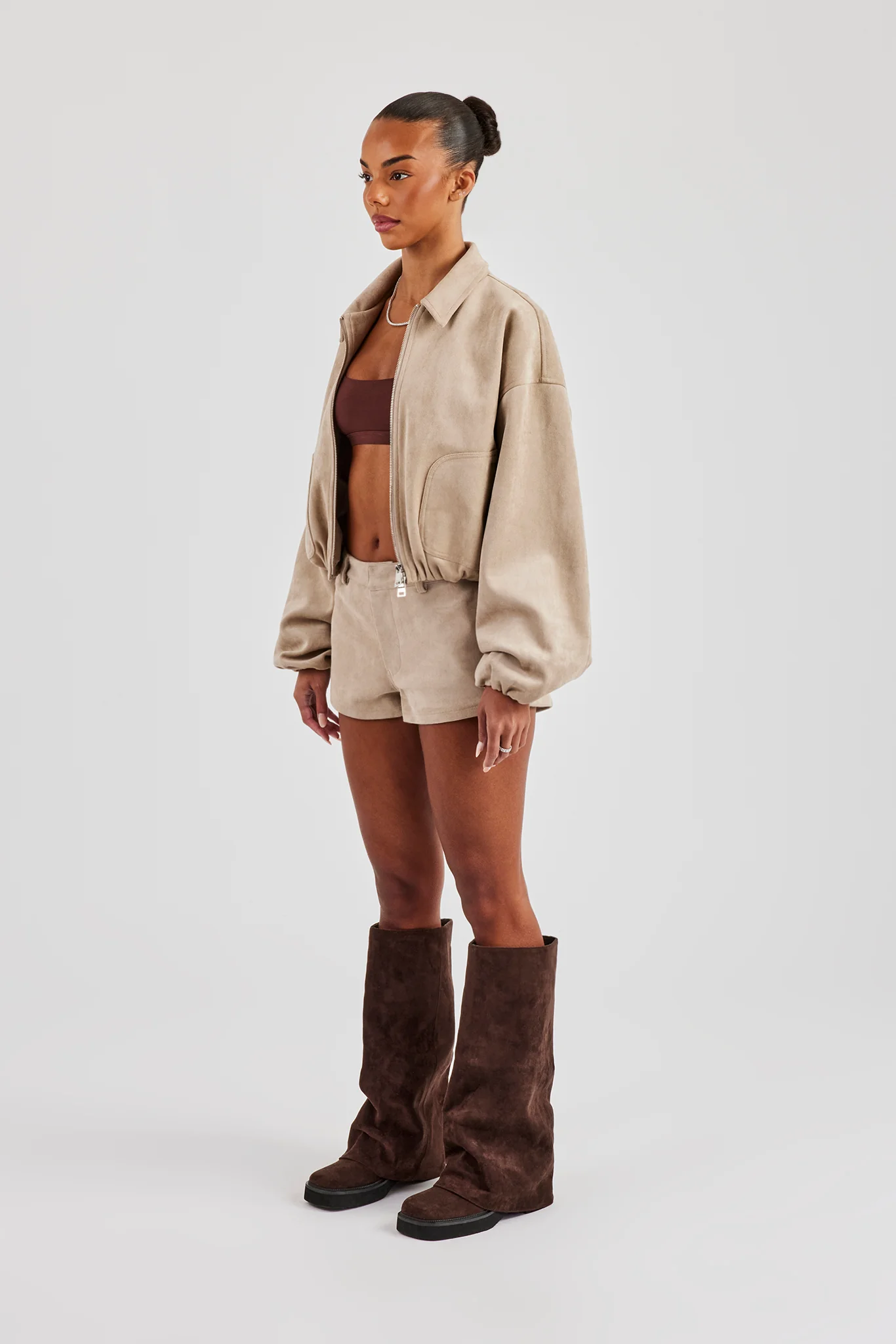 Suede Collared Bomber Jacket & Micro Short - Beige - Image 3