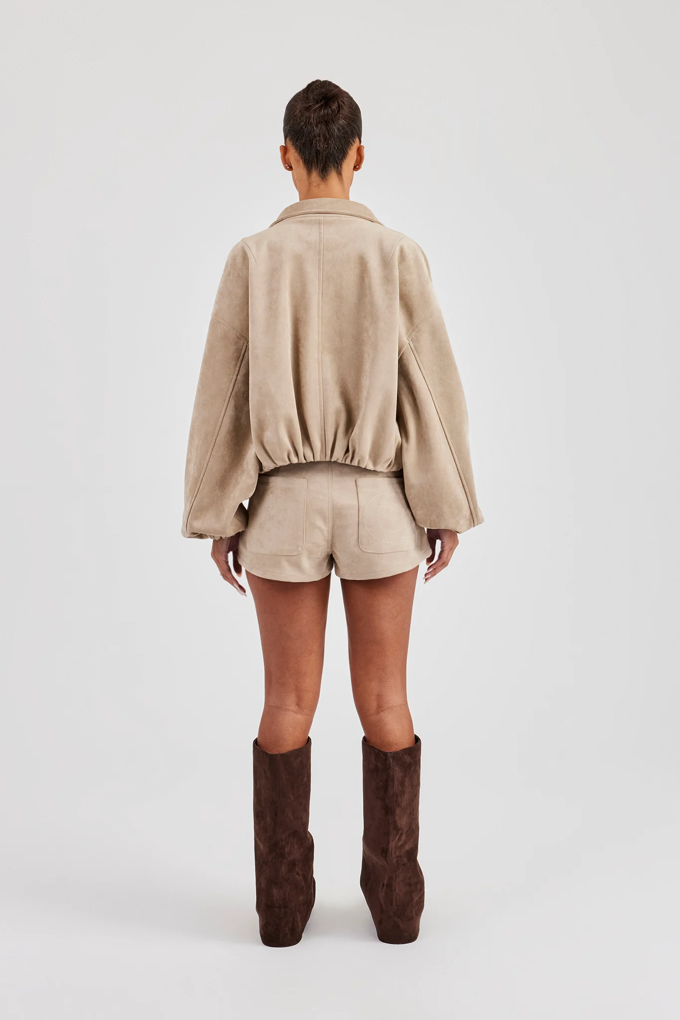 Suede Collared Bomber Jacket & Micro Short - Beige - Image 4