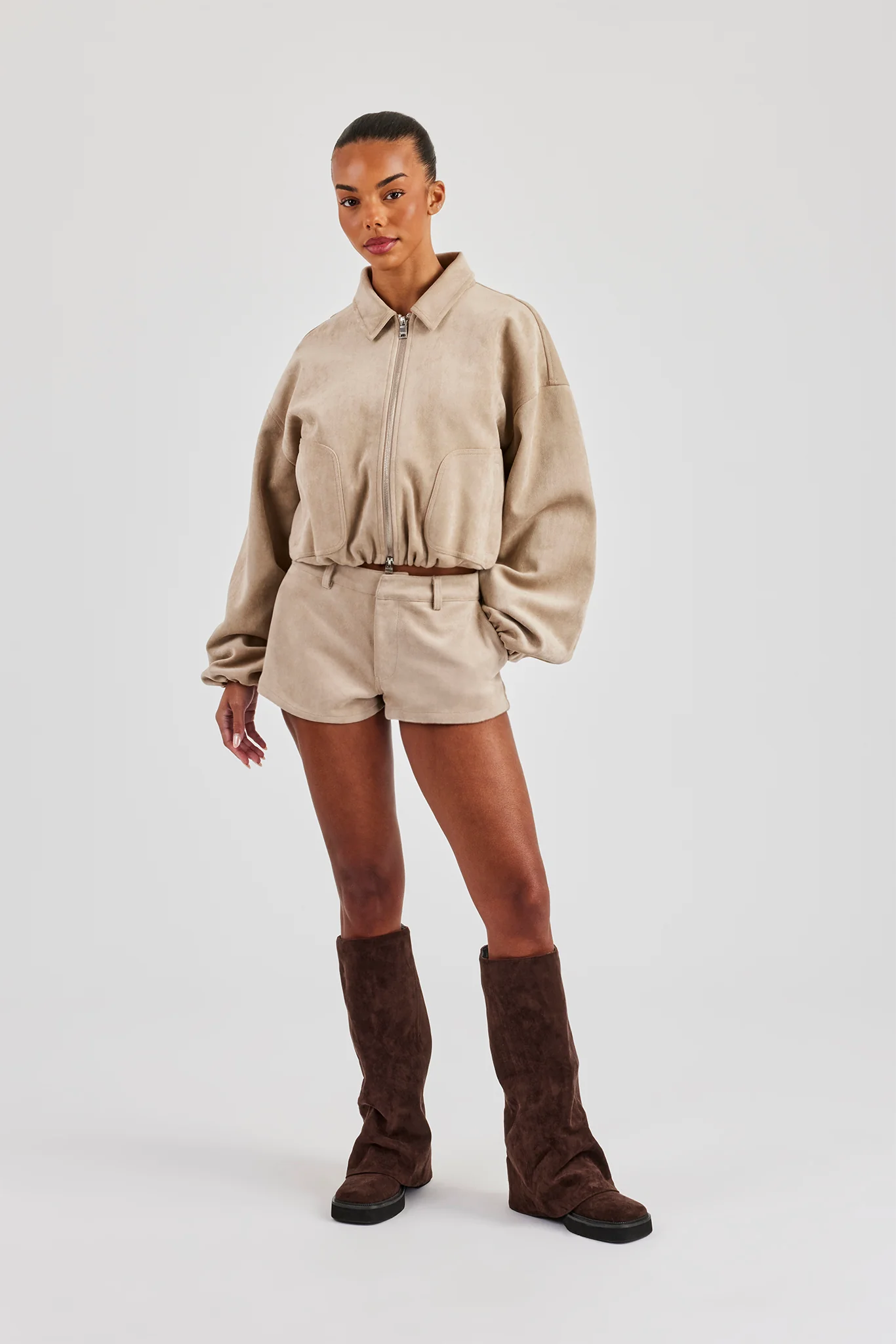Suede Collared Bomber Jacket & Micro Short - Beige - Image 5