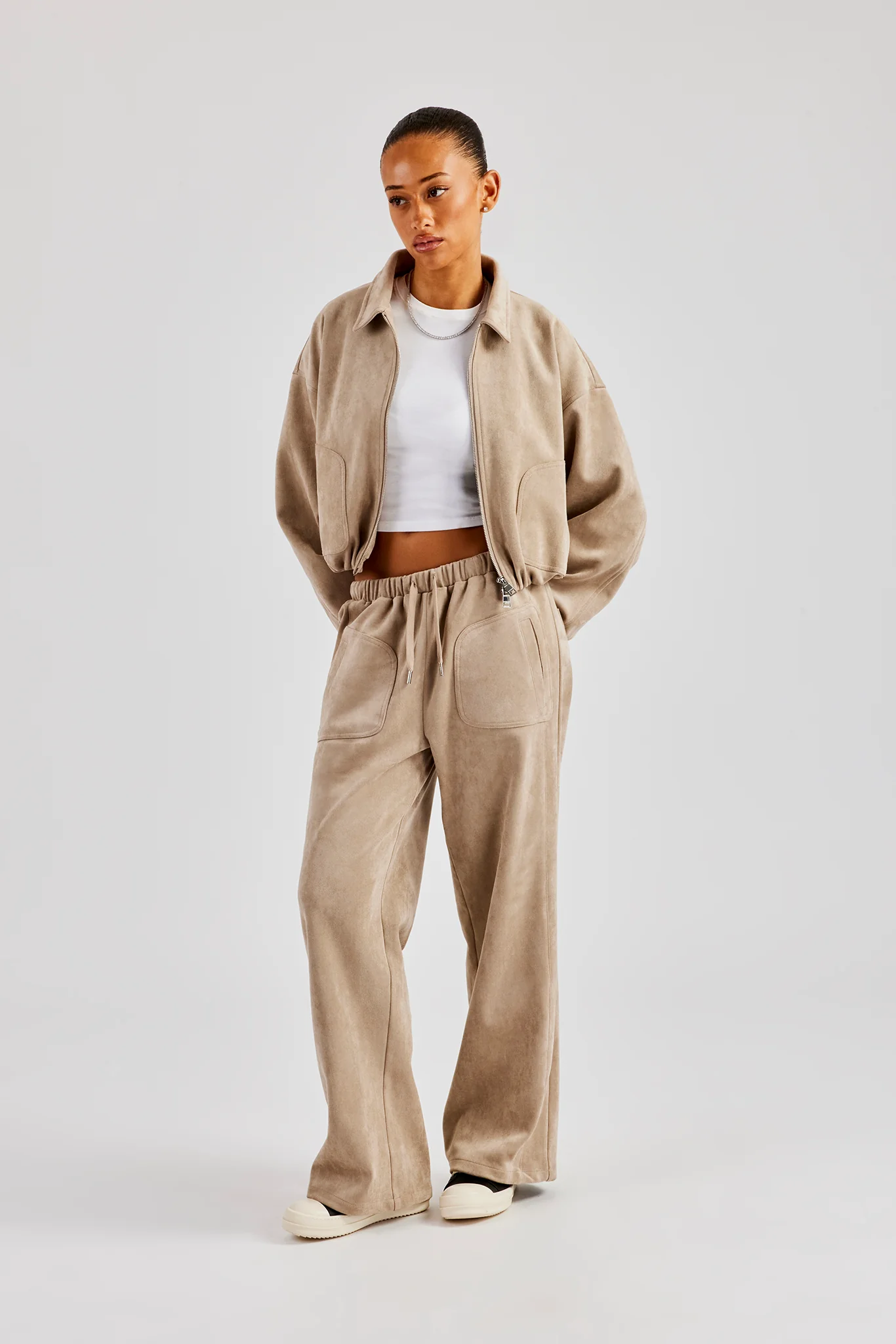 Suede Collared Bomber Jacket & Wide Leg Trouser - Beige - Image 2