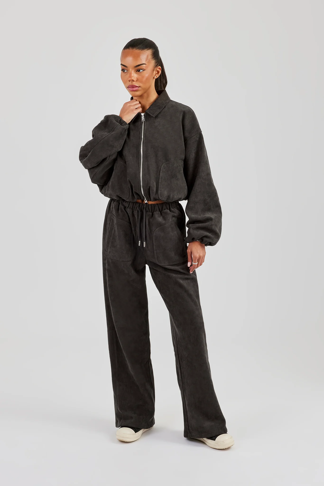 Suede Collared Bomber Jacket & Wide Leg Trouser - Charcoal - Image 4