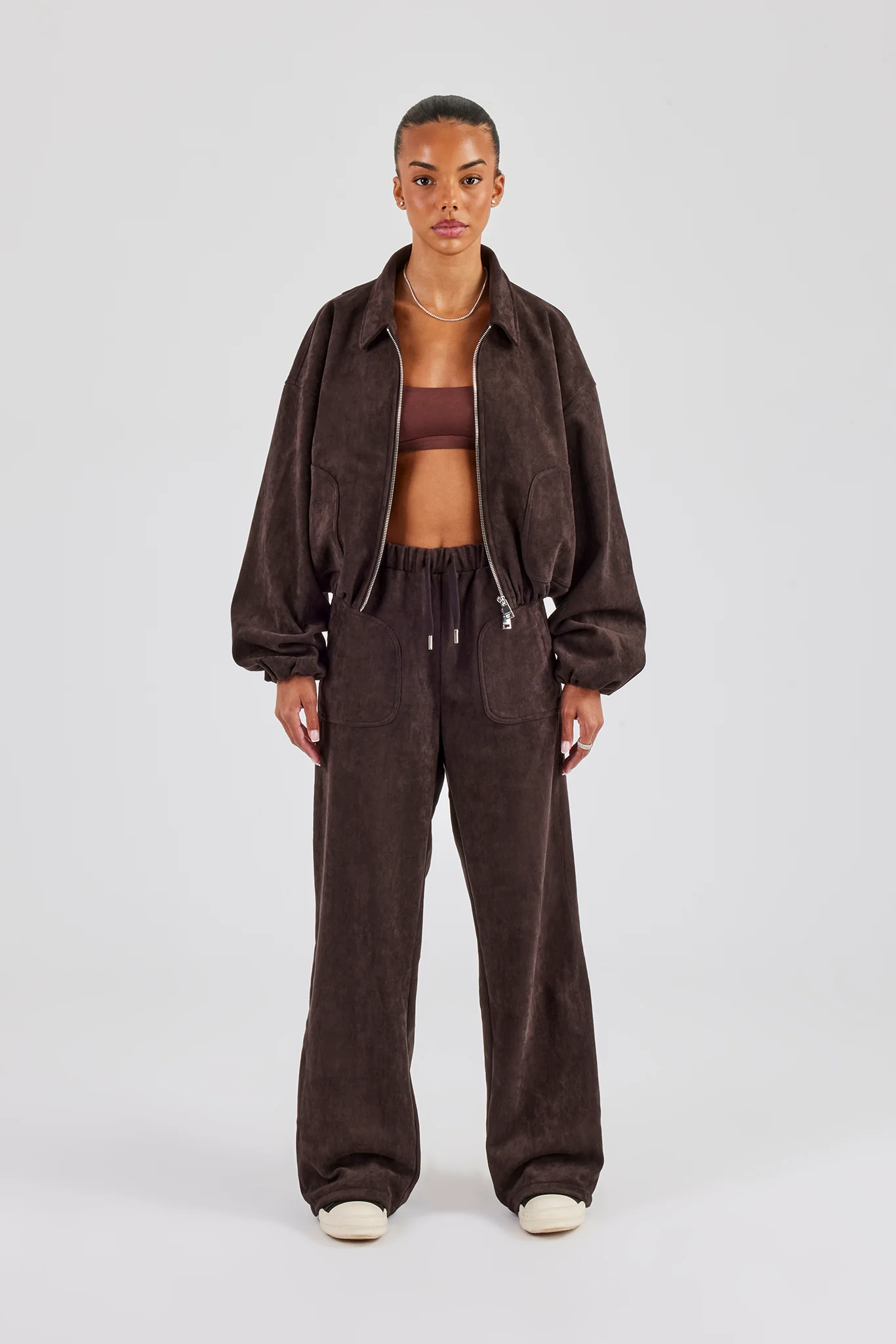 Suede Collared Bomber Jacket & Wide Leg Trouser - Chocolate - Image 4