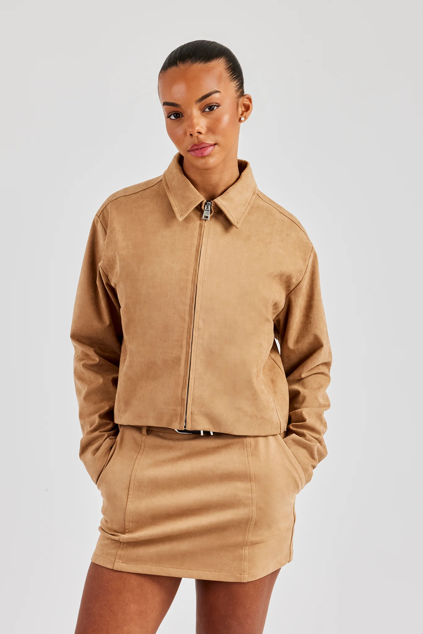 Suede Collared Jacket - Beige