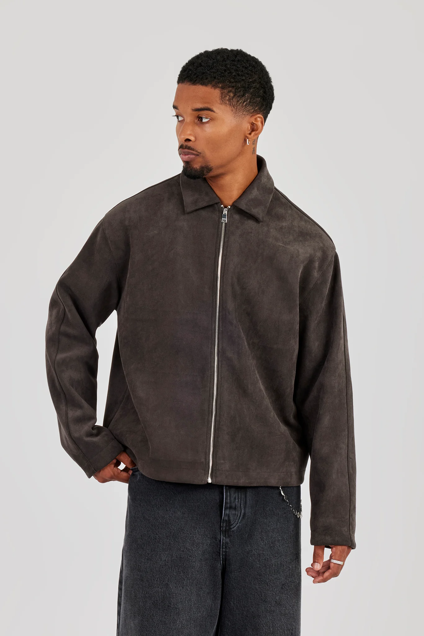 Suede Collared Jacket - Charcoal - Image 2