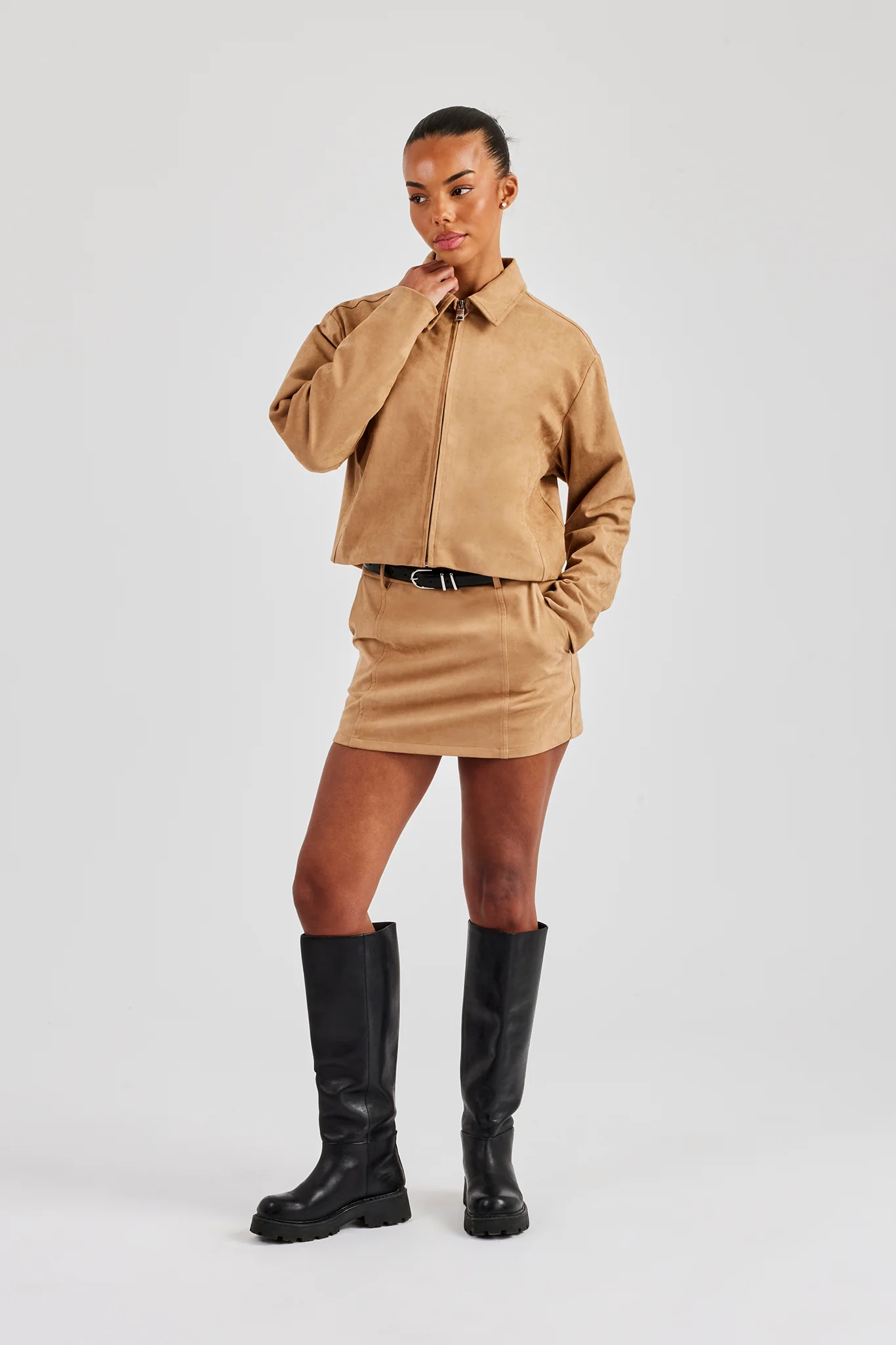 Suede Collared Jacket & Skirt - Beige