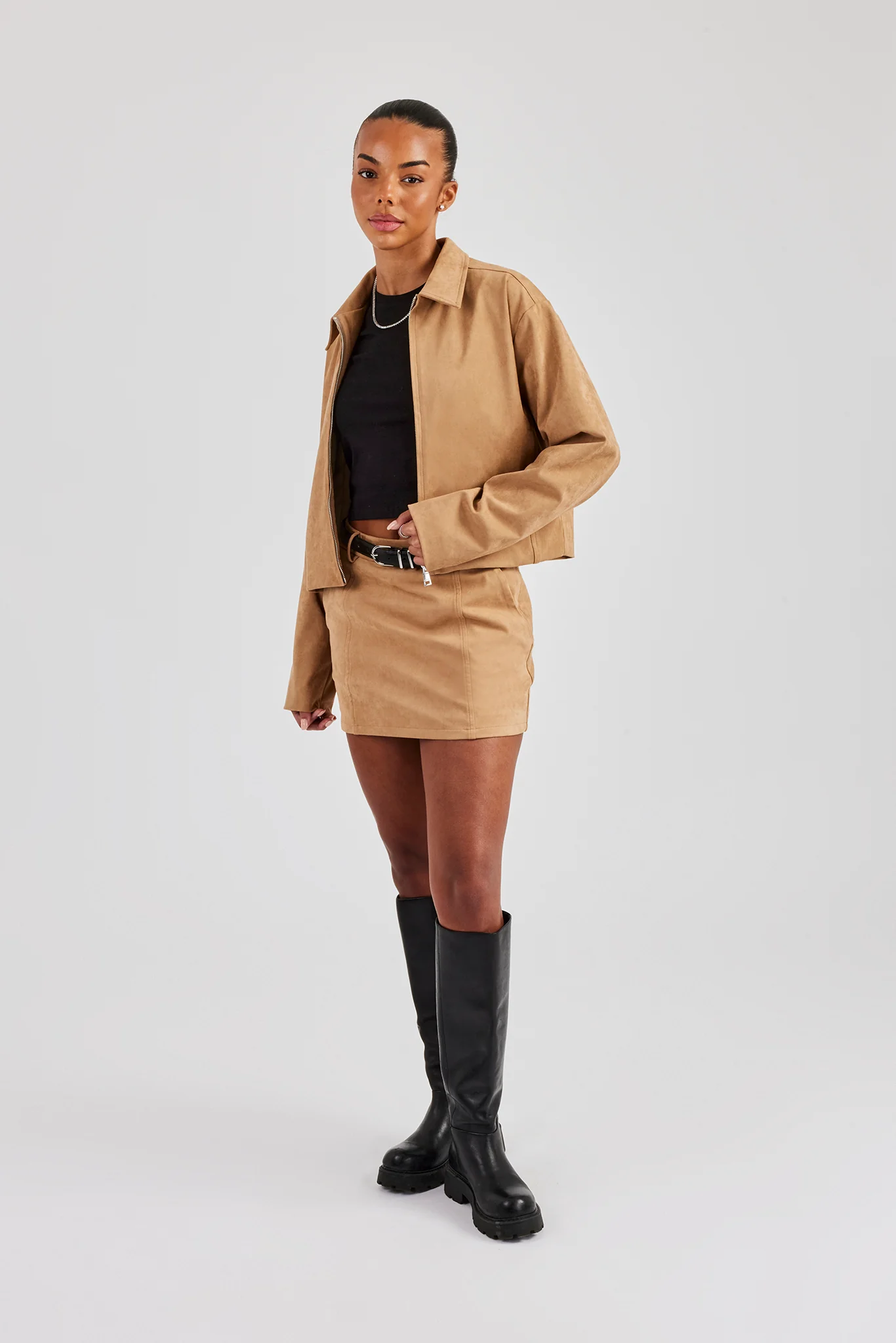 Suede Collared Jacket & Skirt - Beige - Image 3
