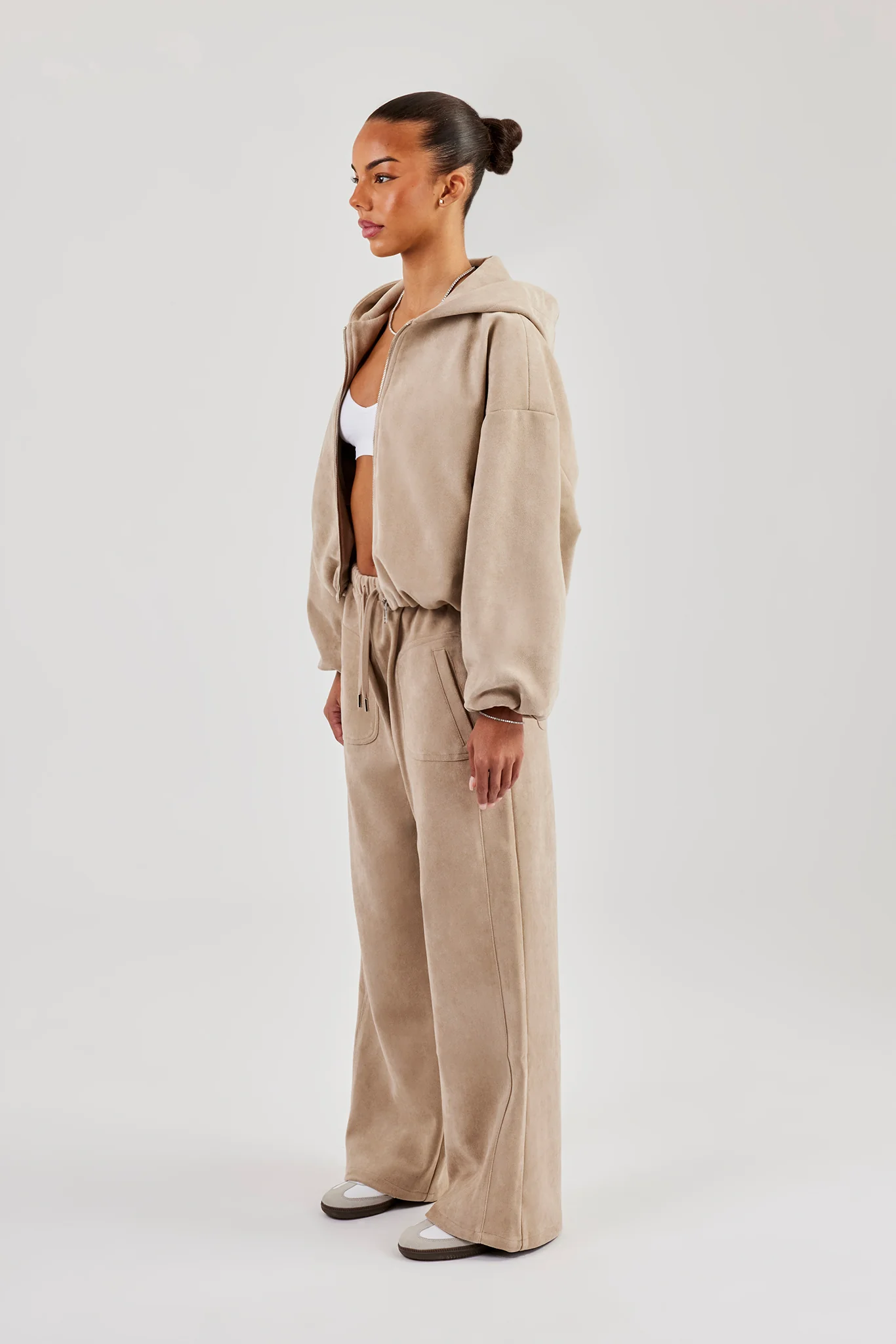 Suede Hooded Jacket and Trouser - Beige - Image 3