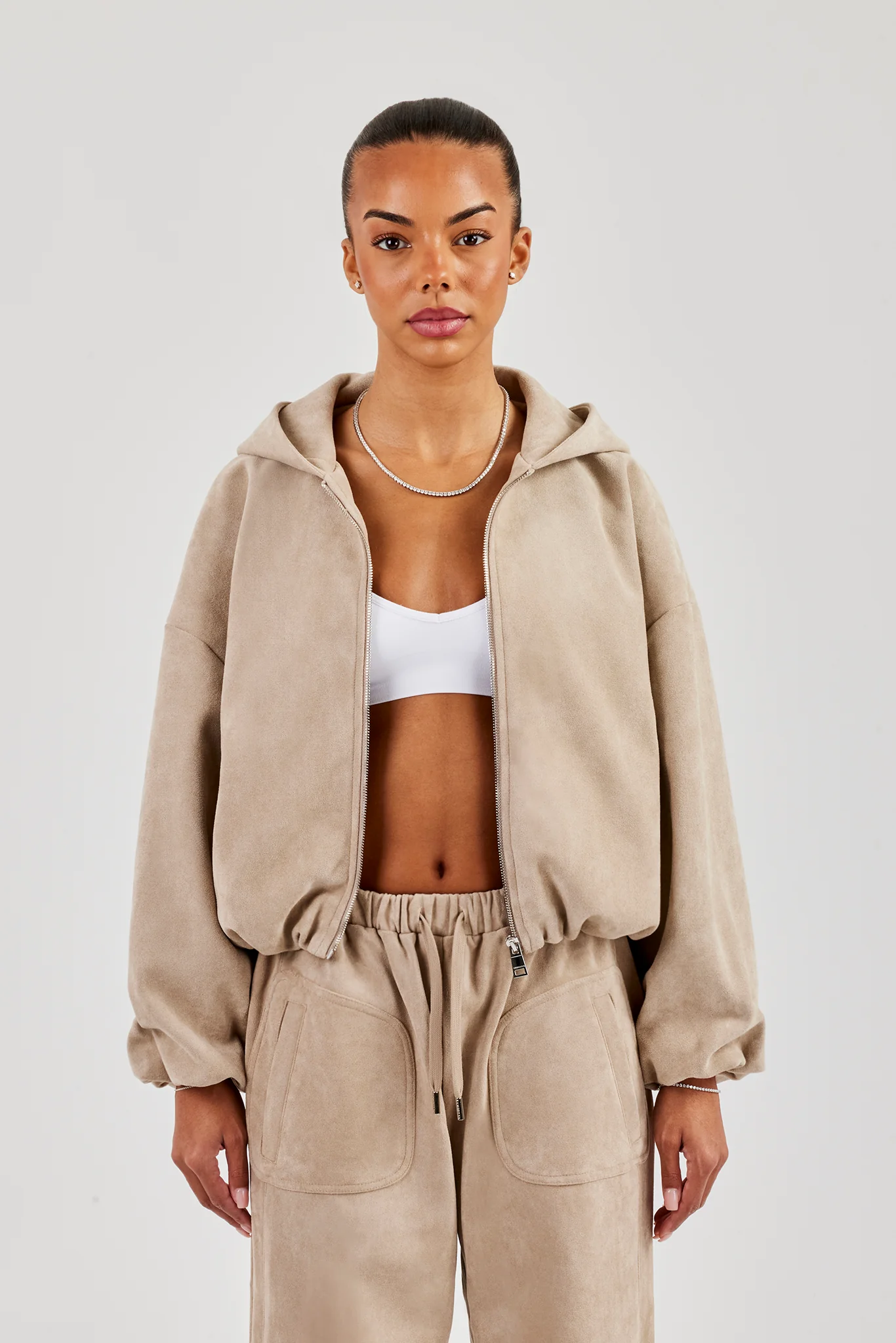 Suede Hooded Jacket - Beige - Image 2