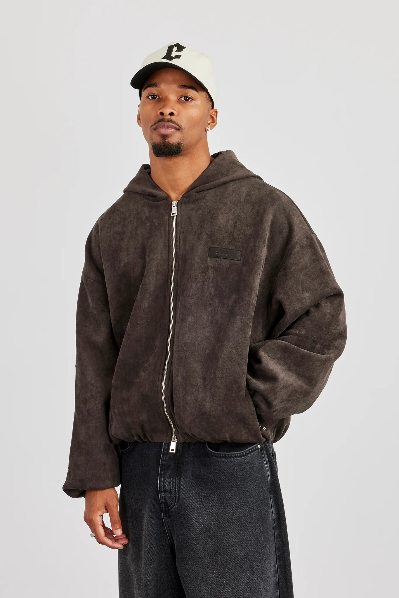 Suede Hooded Jacket With Tab - Chocolate