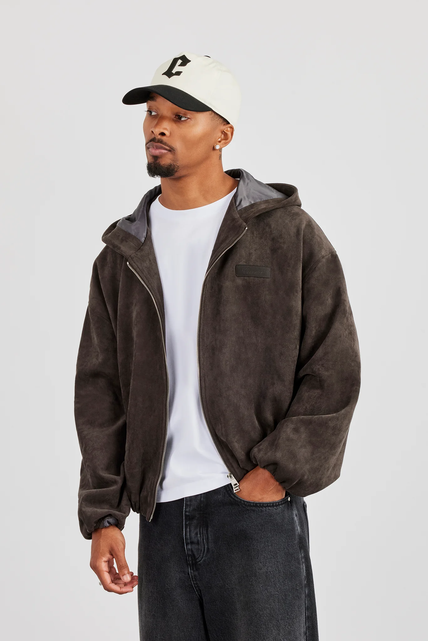Suede Hooded Jacket With Tab - Chocolate - Image 4