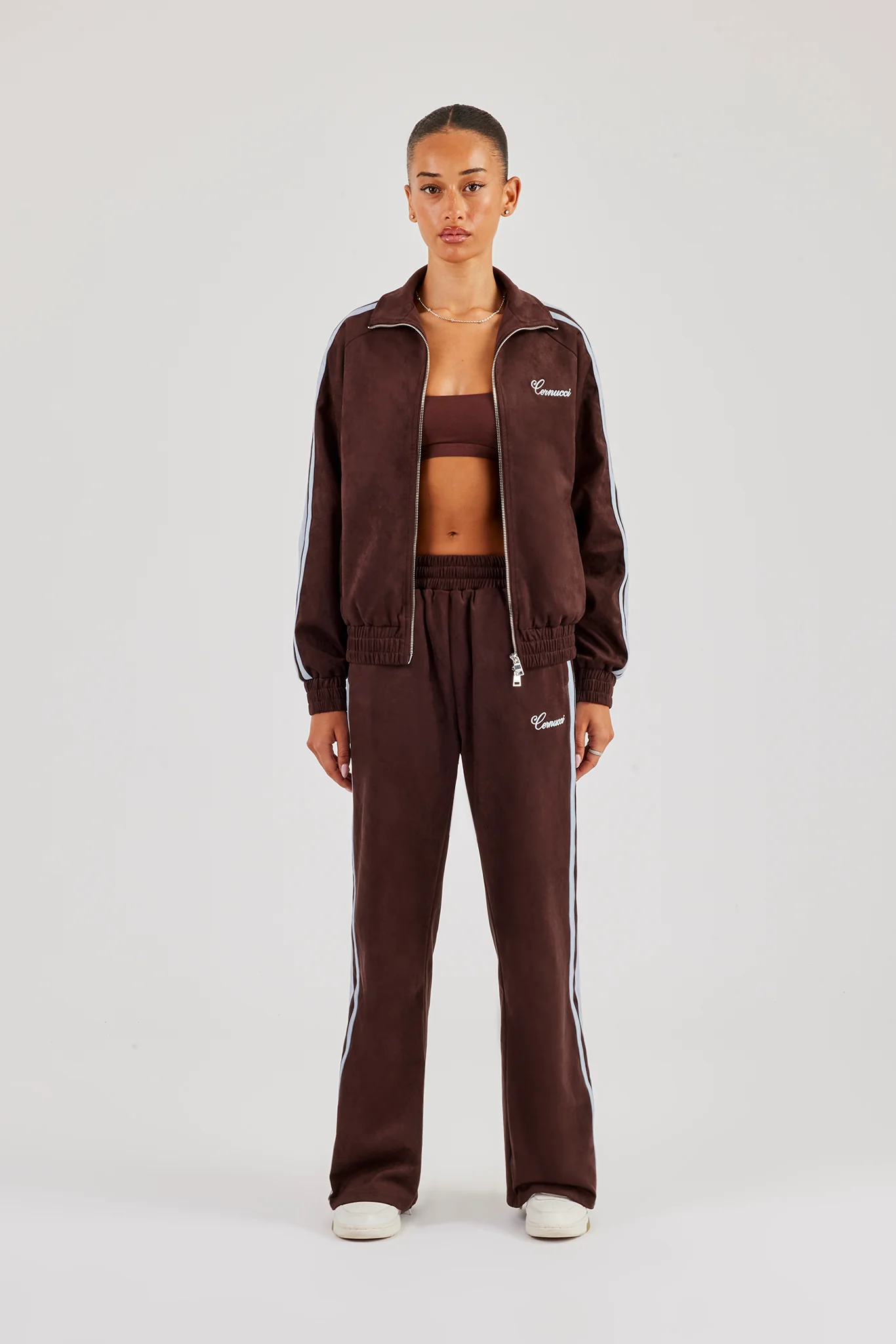 Suede Track Jacket & Jogger With Side Stripes - Coffee - Image 4