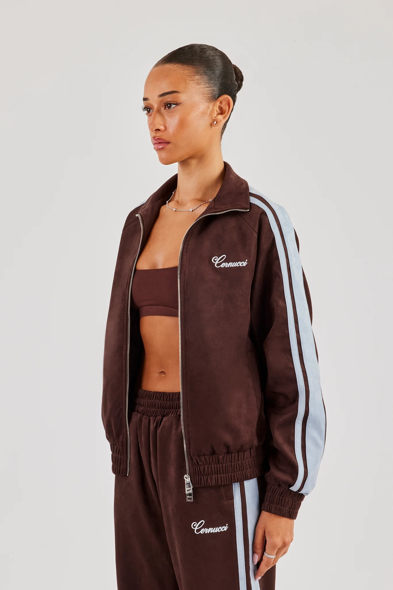 Suede Track Jacket With Side Stripes - Coffee - Image 2