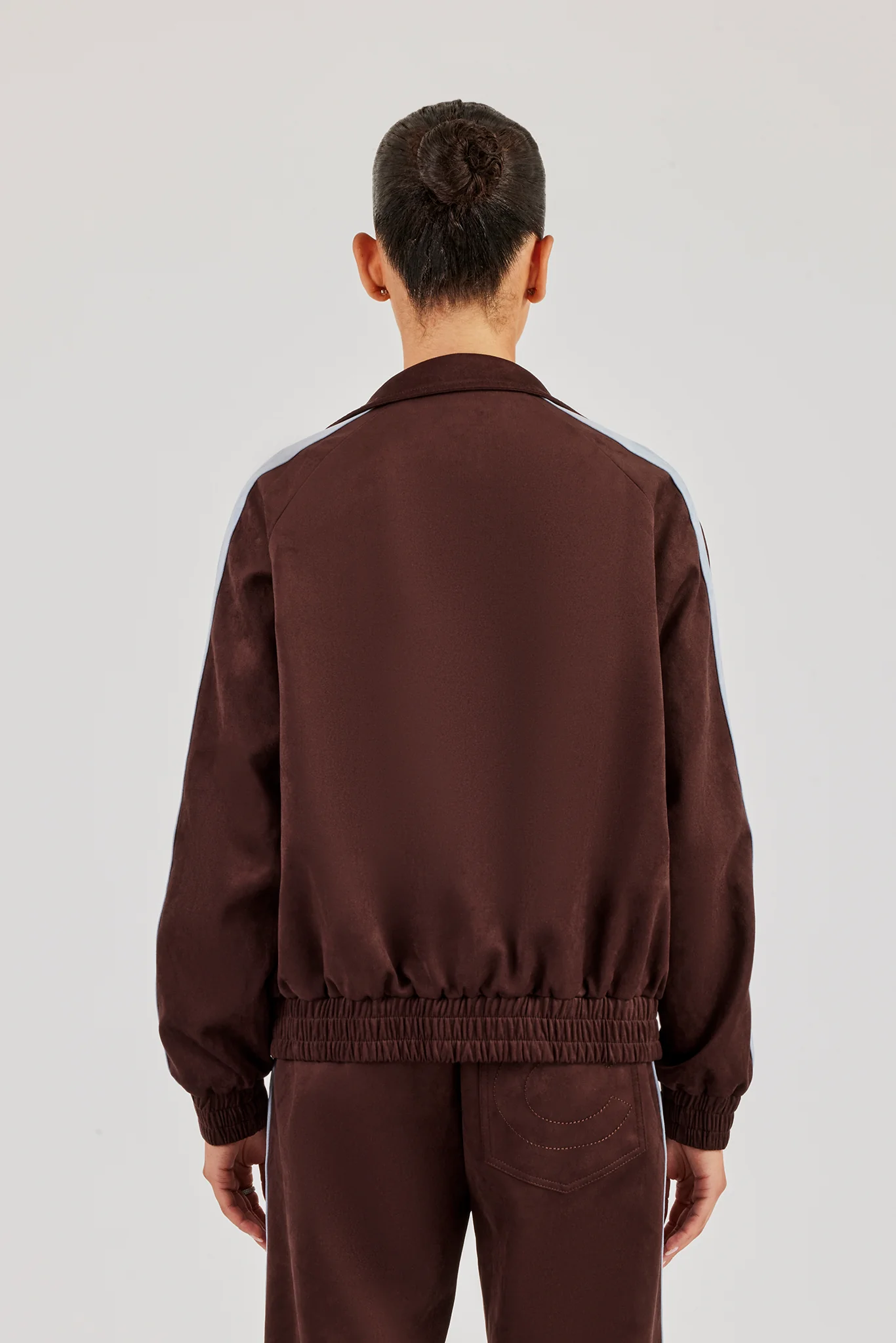 Suede Track Jacket With Side Stripes - Coffee - Image 3