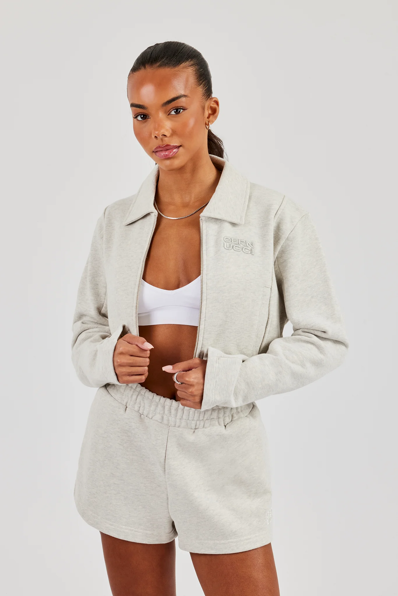 Tailored Harrington Jacket & Embroidered Short - Ash Grey - Image 4