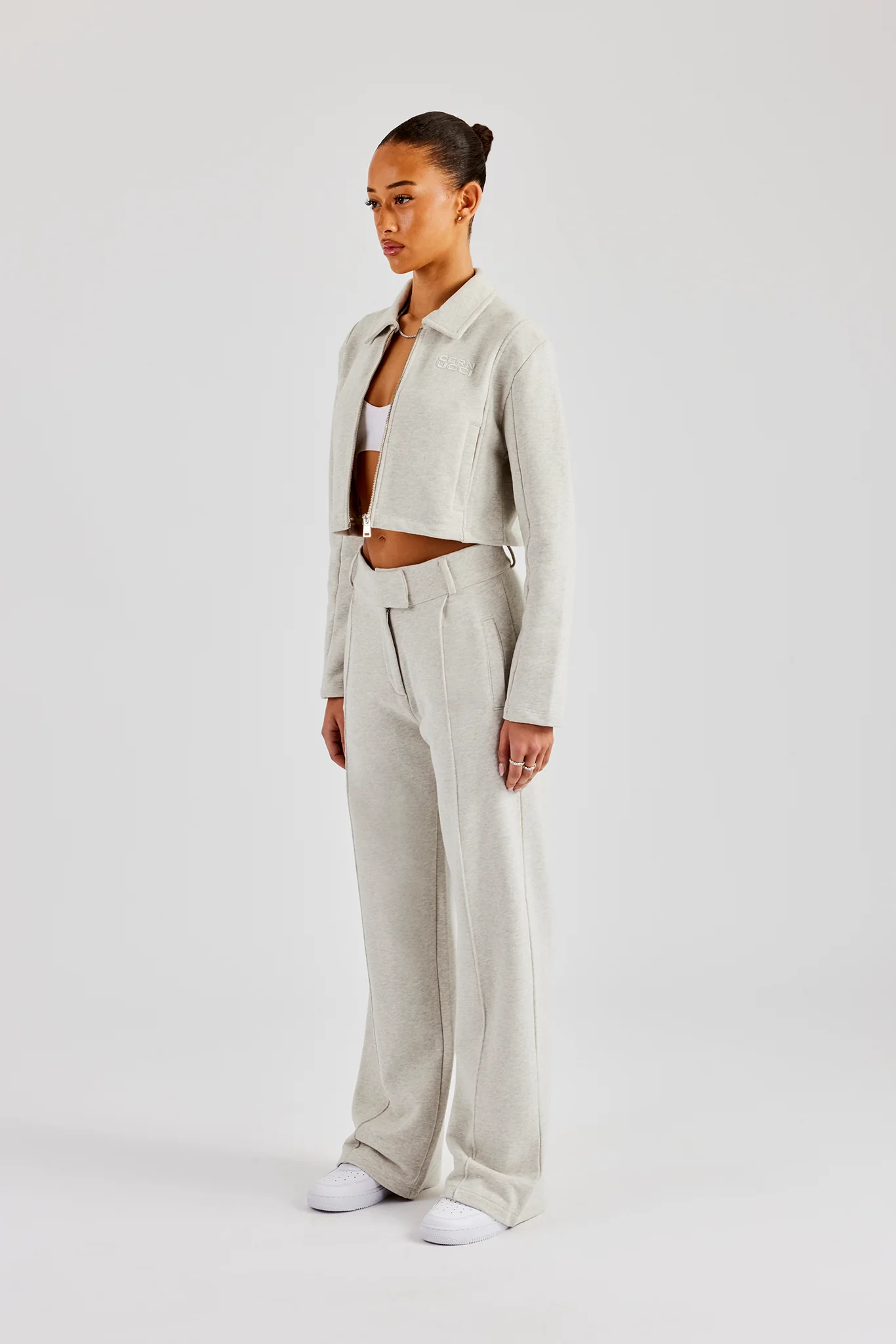 Tailored Jersey Cropped Harrington Jacket & Wide Leg Trouser - Ash Grey - Image 3