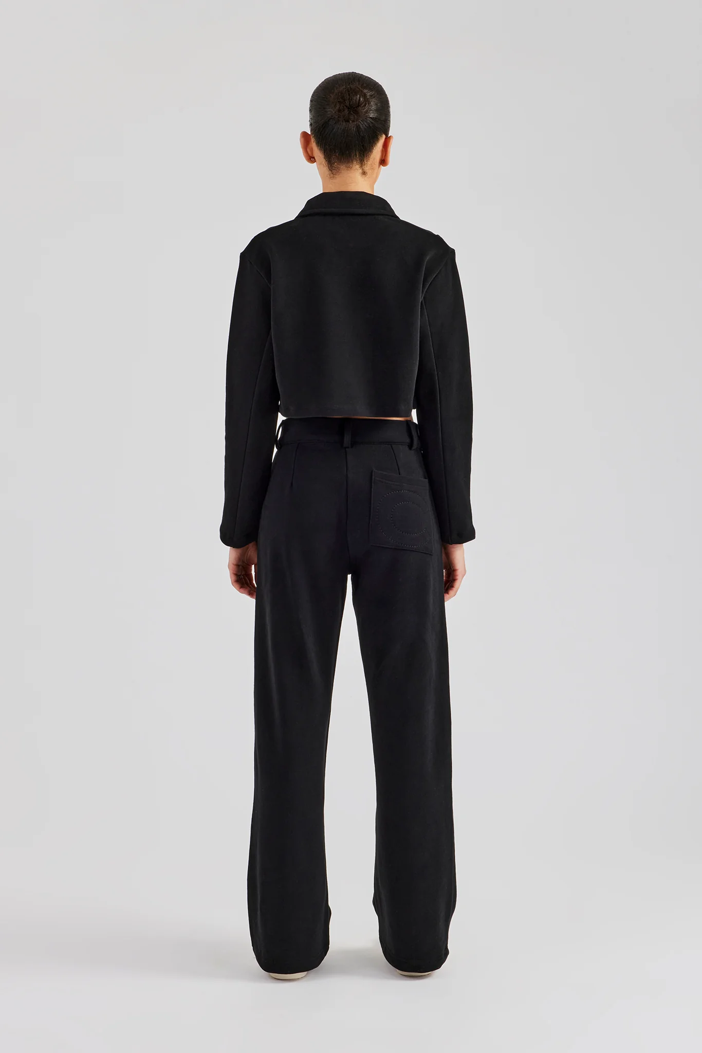 Tailored Jersey Cropped Harrington Jacket & Wide Leg Trouser - Black - Image 3