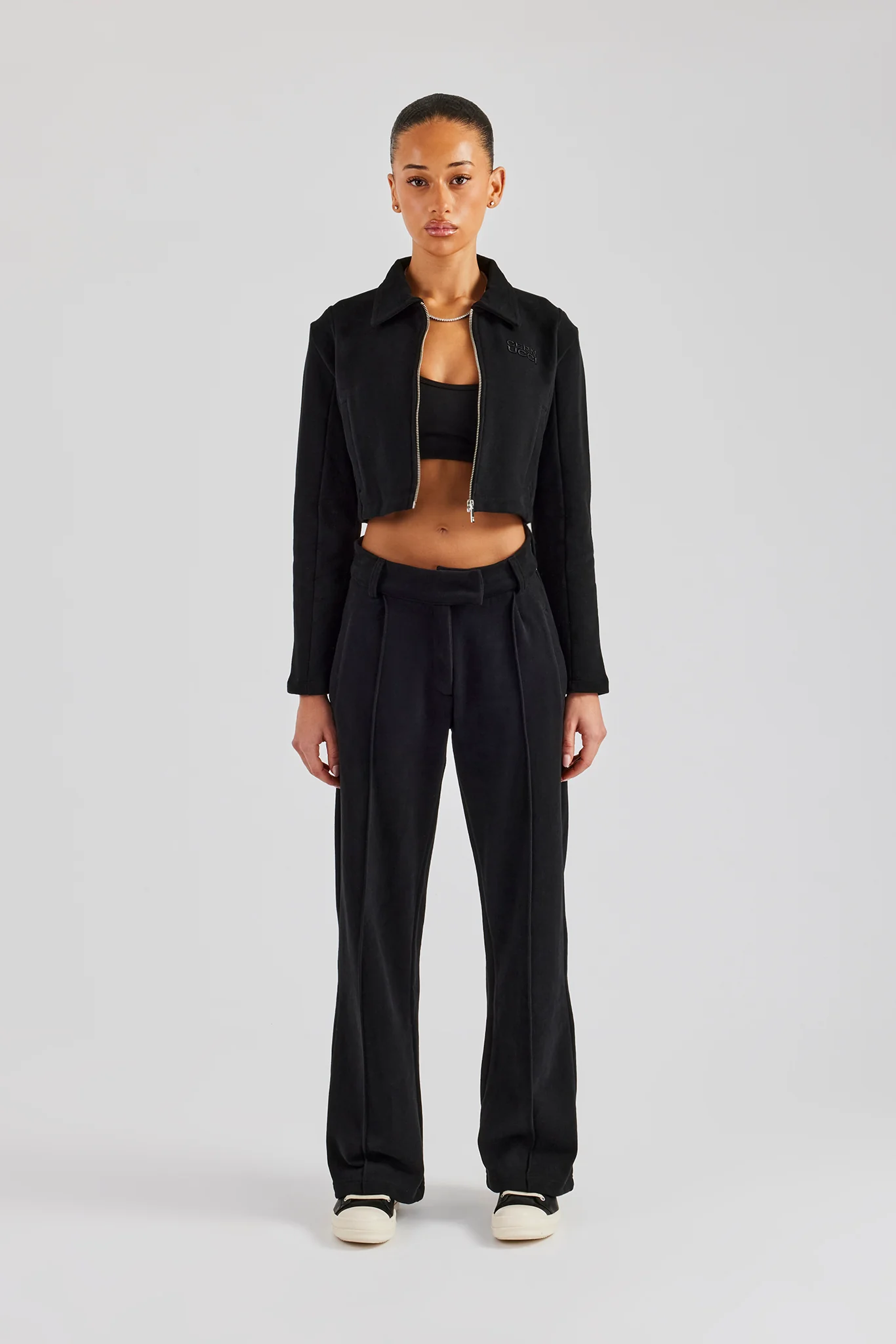 Tailored Jersey Cropped Harrington Jacket & Wide Leg Trouser - Black - Image 4