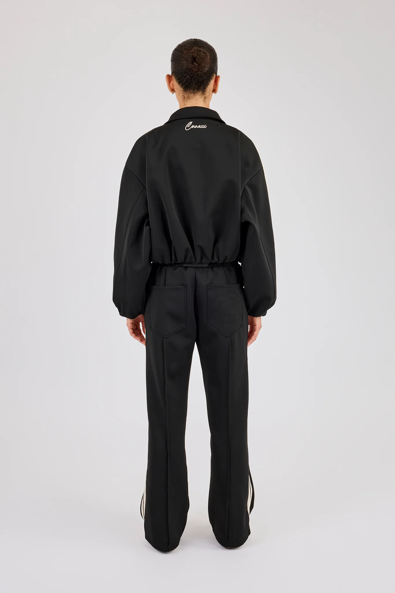 Taping Collared Bomber Jacket & Wide Leg Track Pant - Black - Image 3