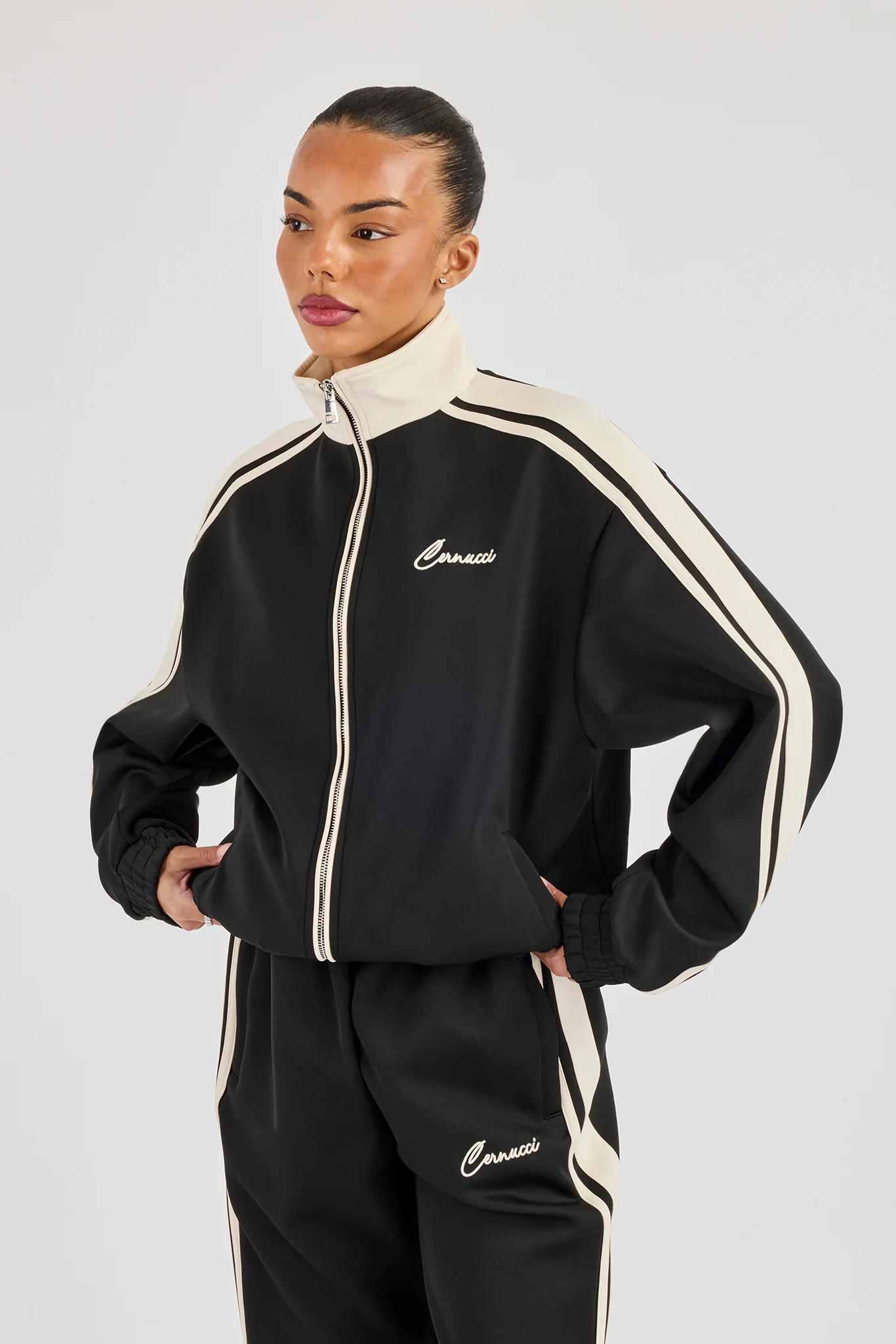 Taping Contrast Collar Track Jacket - Black