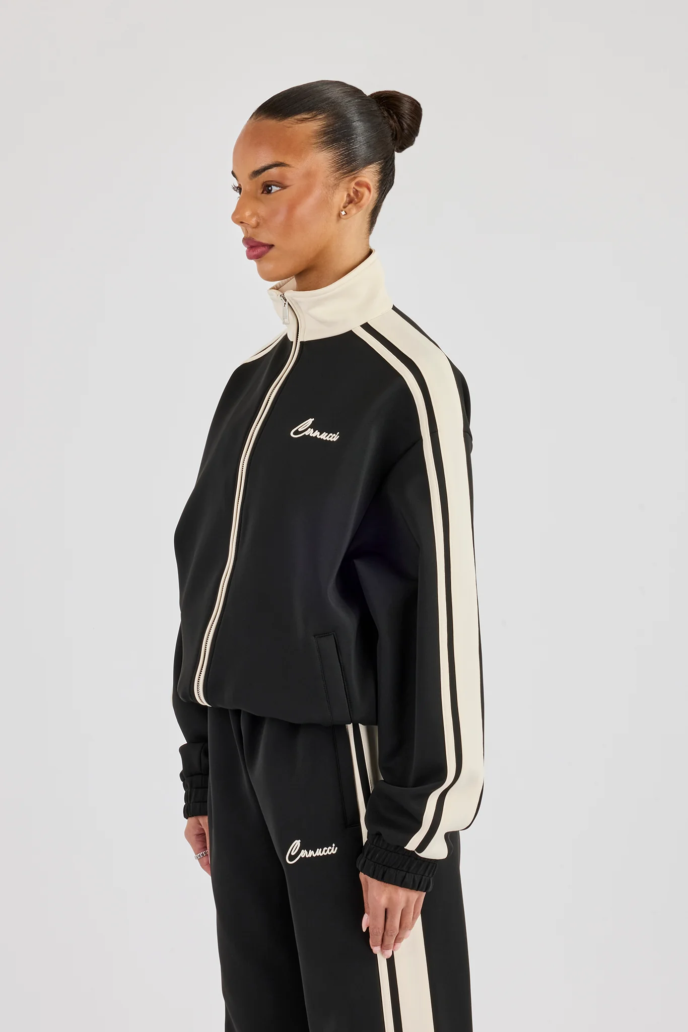 Taping Contrast Collar Track Jacket - Black - Image 3